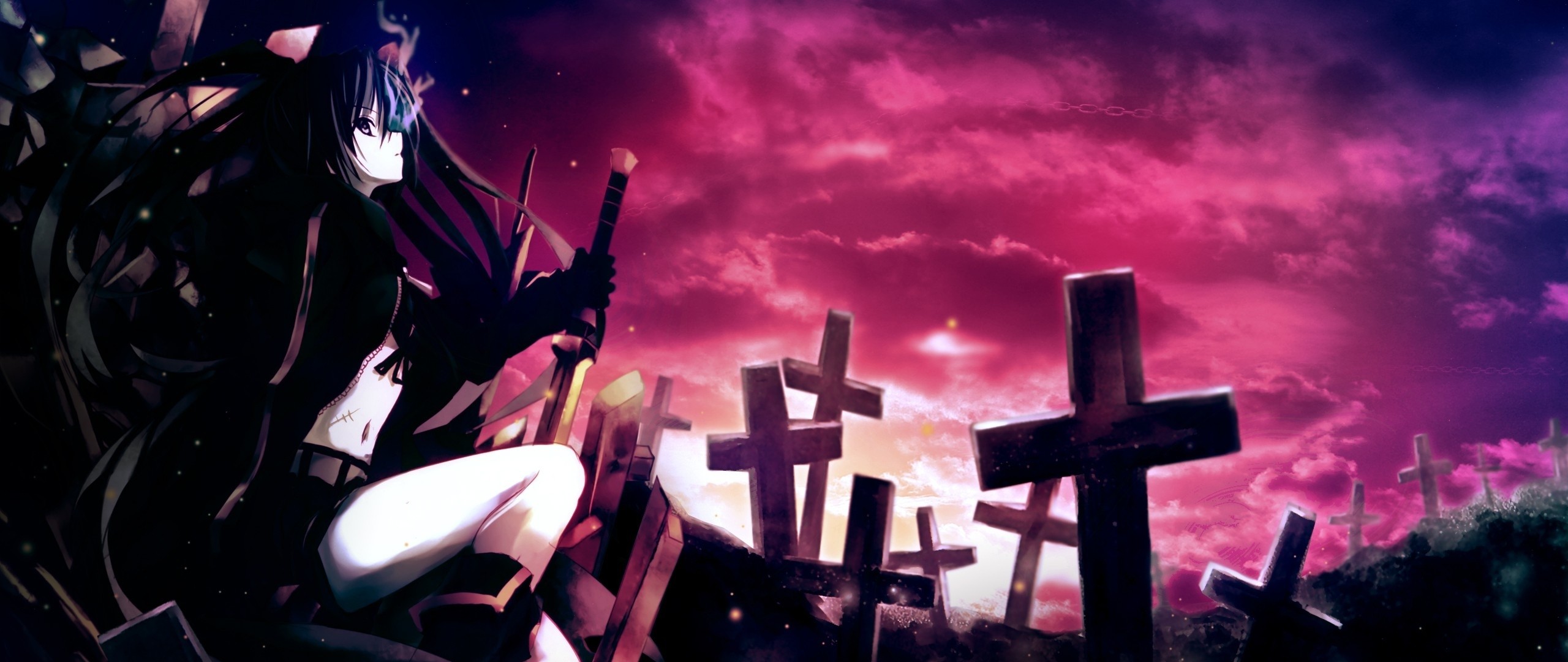 2560x1080 Preview wallpaper anime, girl, thoughtful, sword, cemetery, darkness  