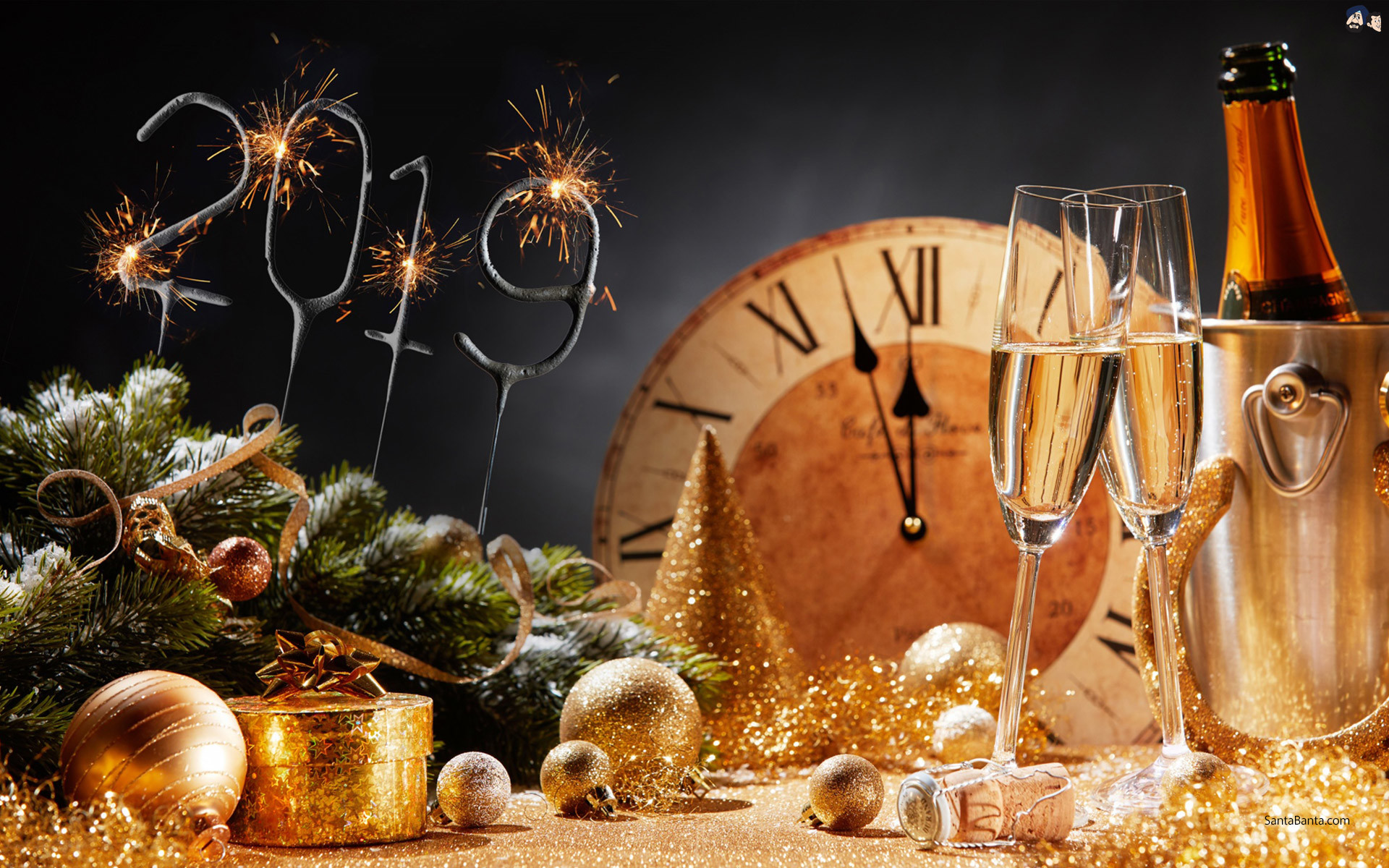 1920x1200 New Year 2019 wallpaper ft. clock and Champagne filled flutes.