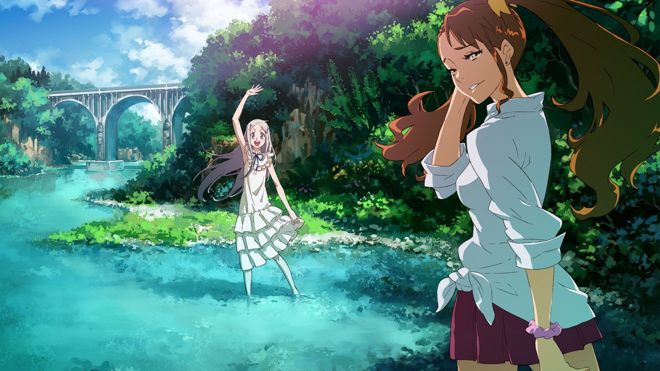 2560x1440  Wallpaper anime, girls, friends, nature, park, young