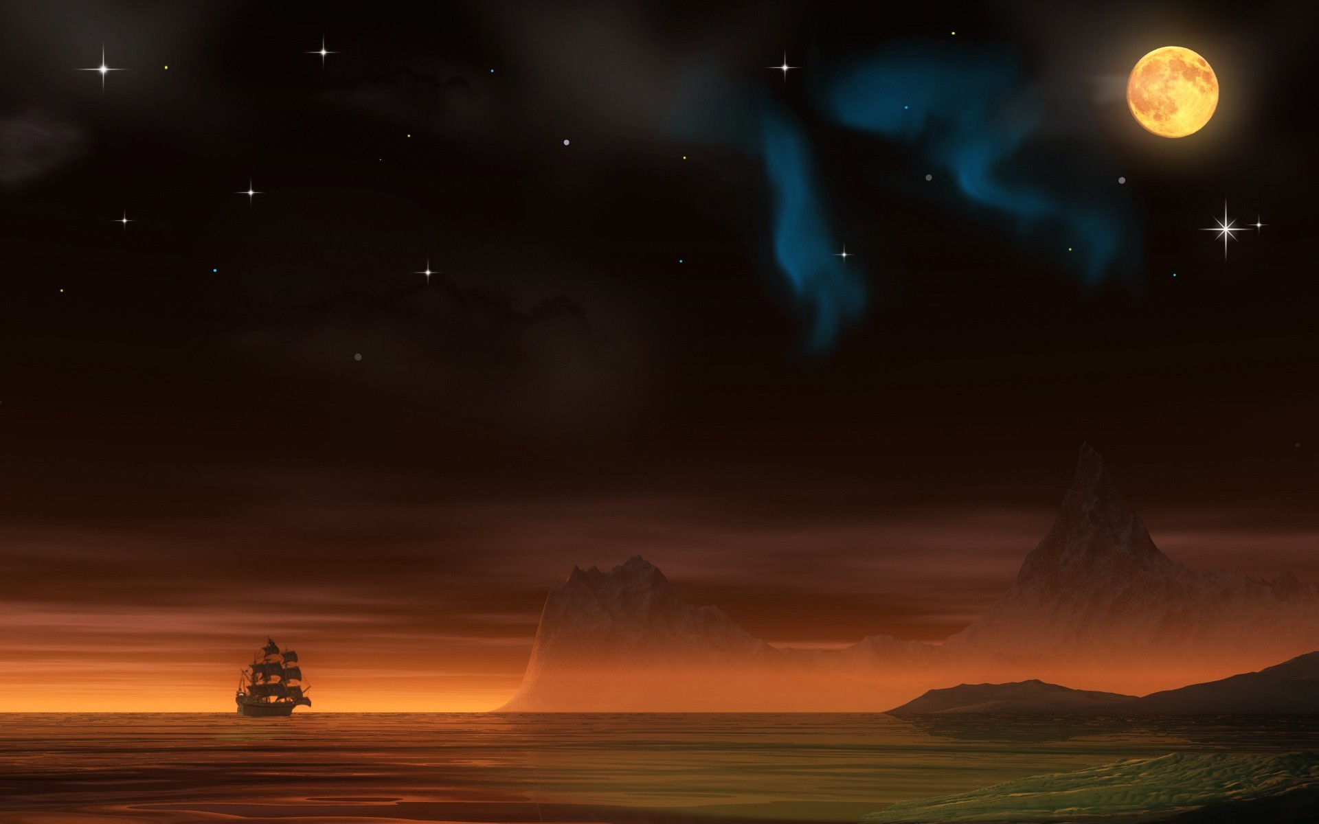 1920x1200 Night pirate ship planets Moon aurora borealis wallpaper |  |  185123 | WallpaperUP
