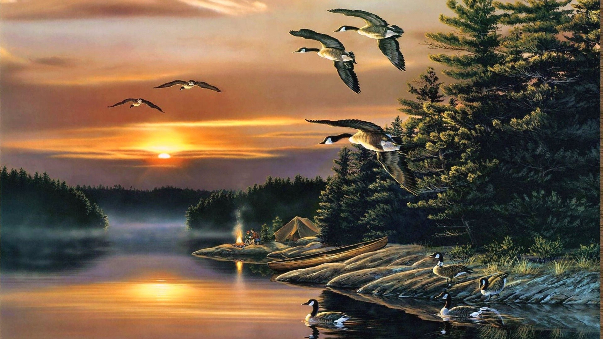 1920x1080  Wood Camping Lake Ducks Sunset