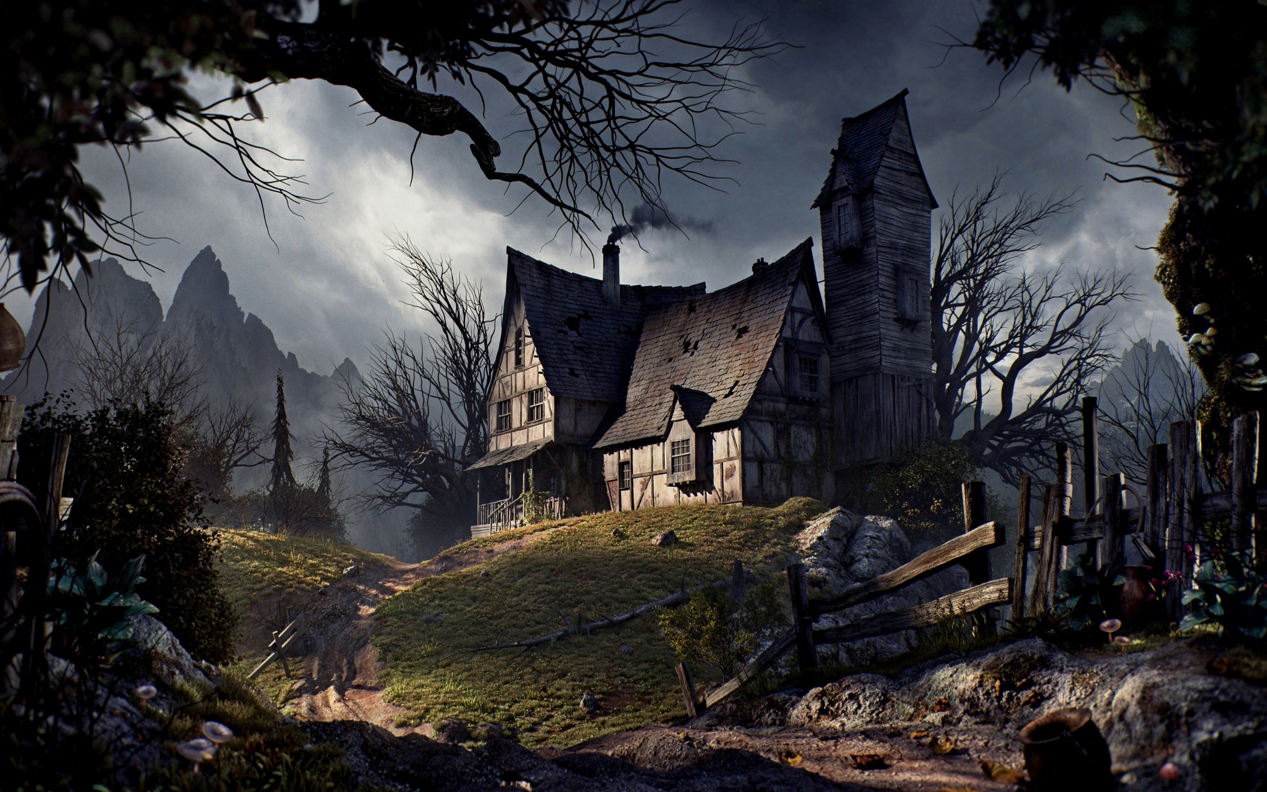 2560x1600 Fantasy - House Hill Tree Mountain Wallpaper