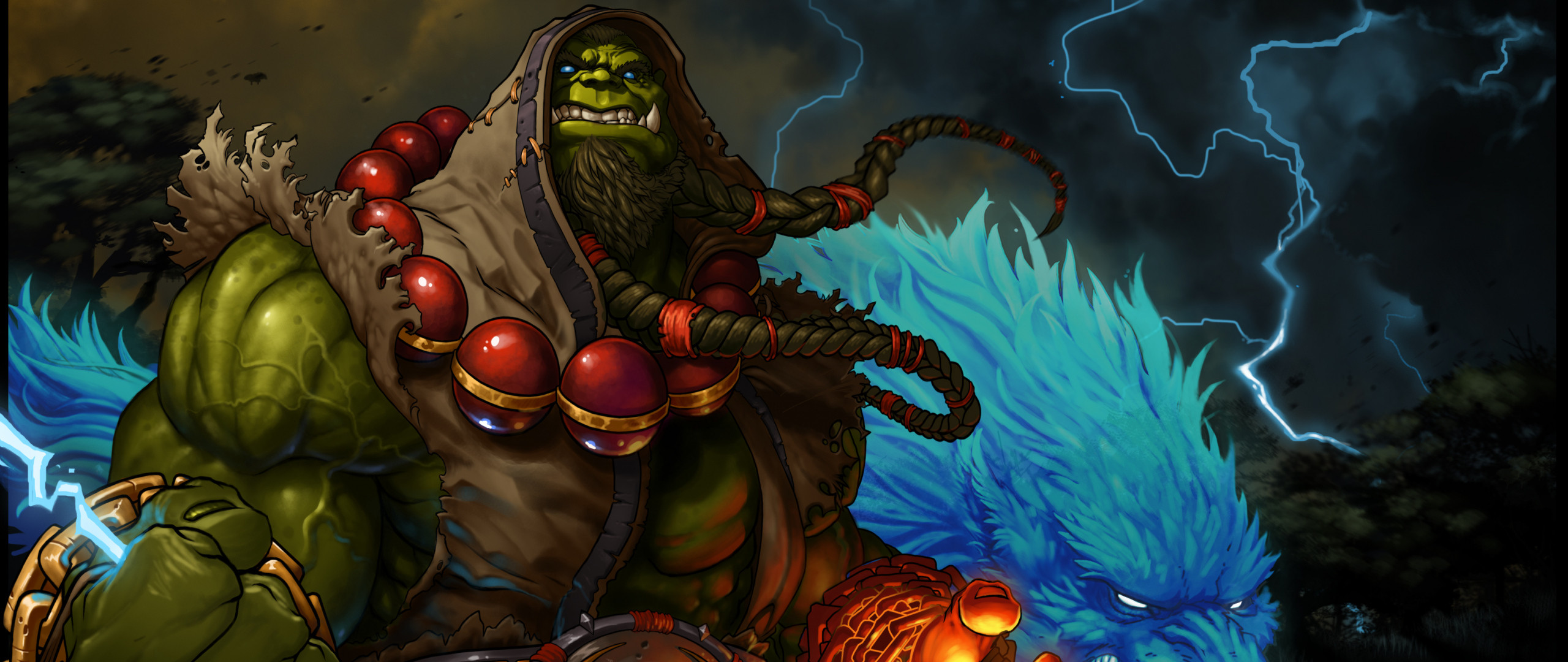 2560x1080 Preview wallpaper world of warcraft, shaman, thrall, blizzard, lightning,  orc 