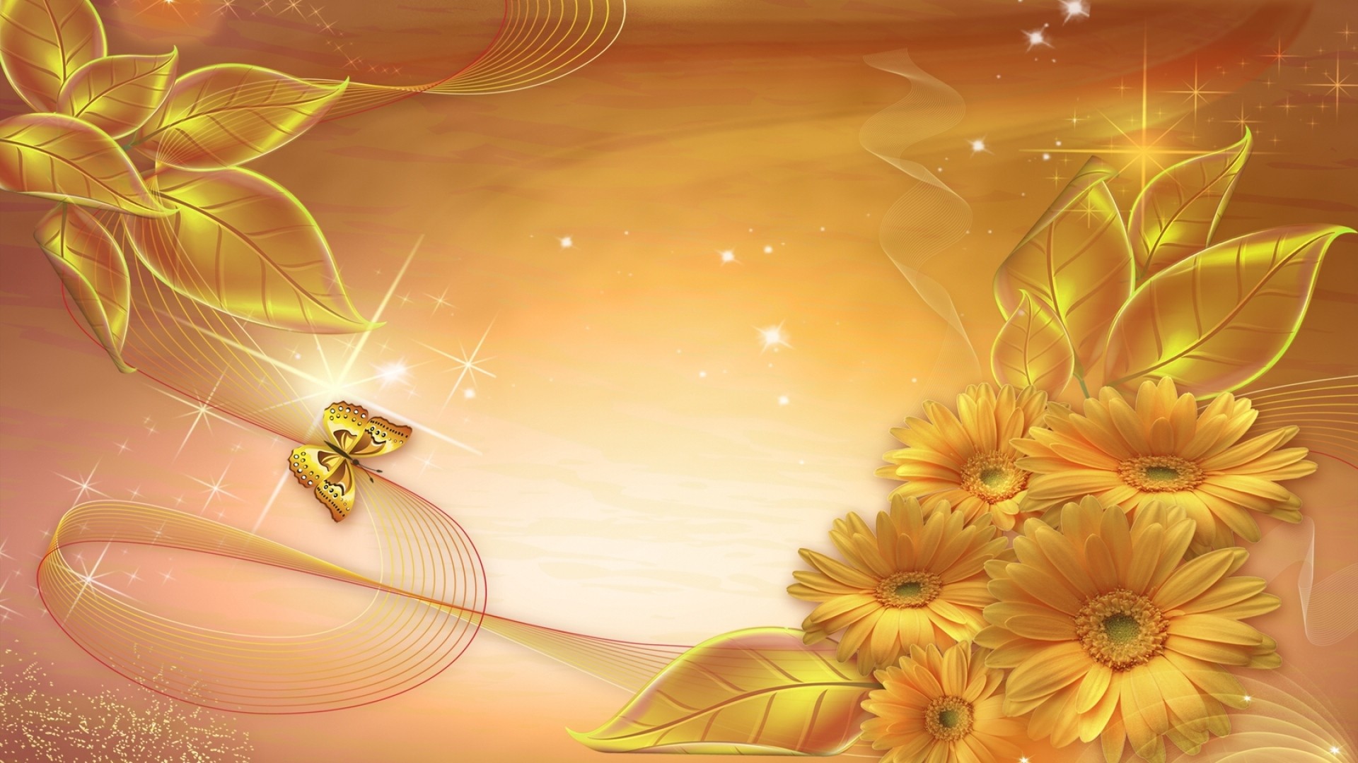 1920x1080 Preview wallpaper gold, background, lines, stars, leaves 