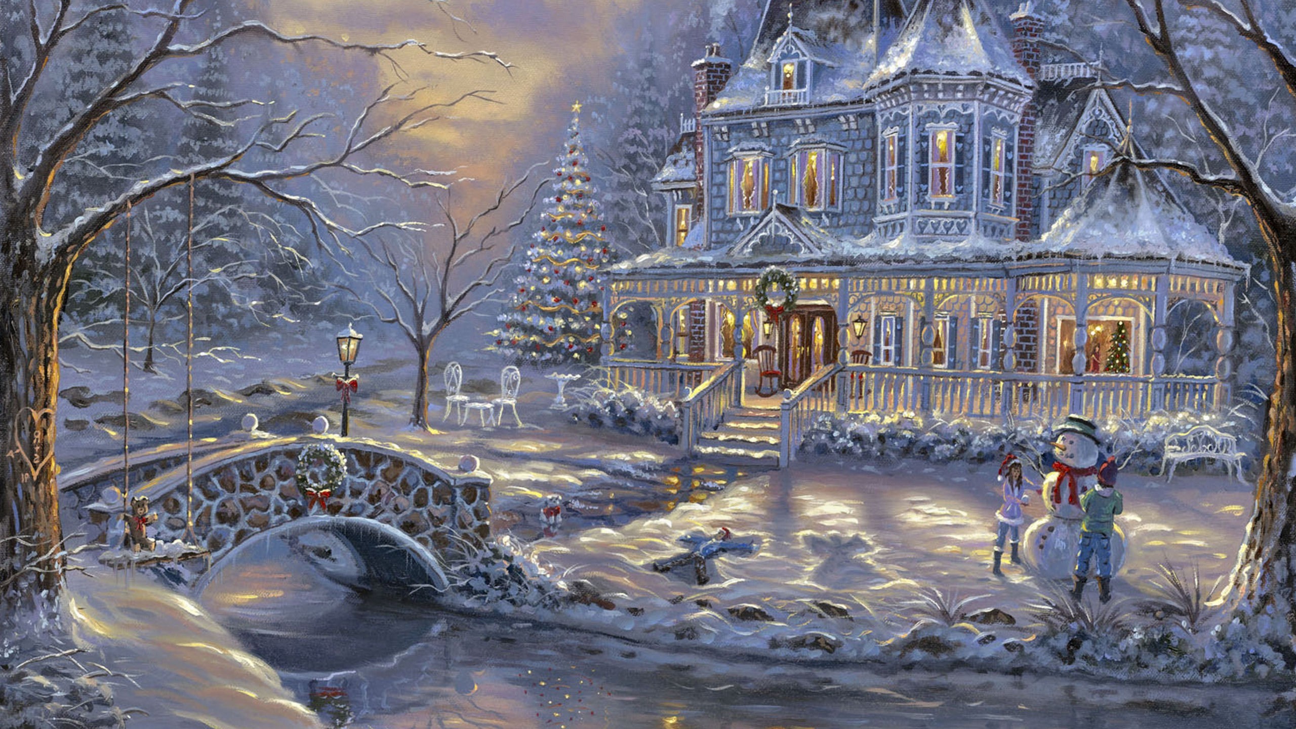 2560x1440 Merry Christmas Scene Victorian Painting December Cobblestone Bridge  Scenery Snow Holiday Illustration Art Artwork Wide Screen