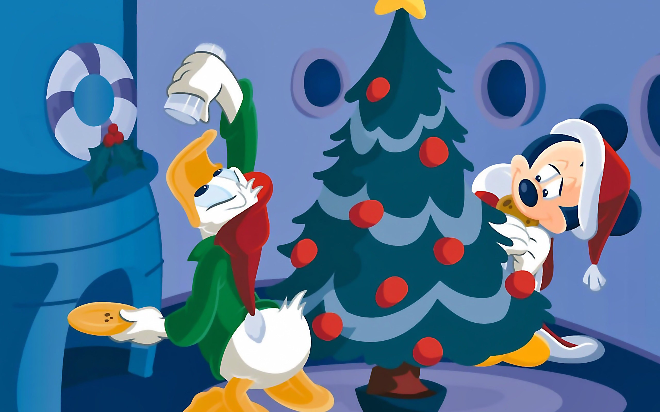 2560x1600 Disney Characters Decorating a Tree Christmas Wallpaper