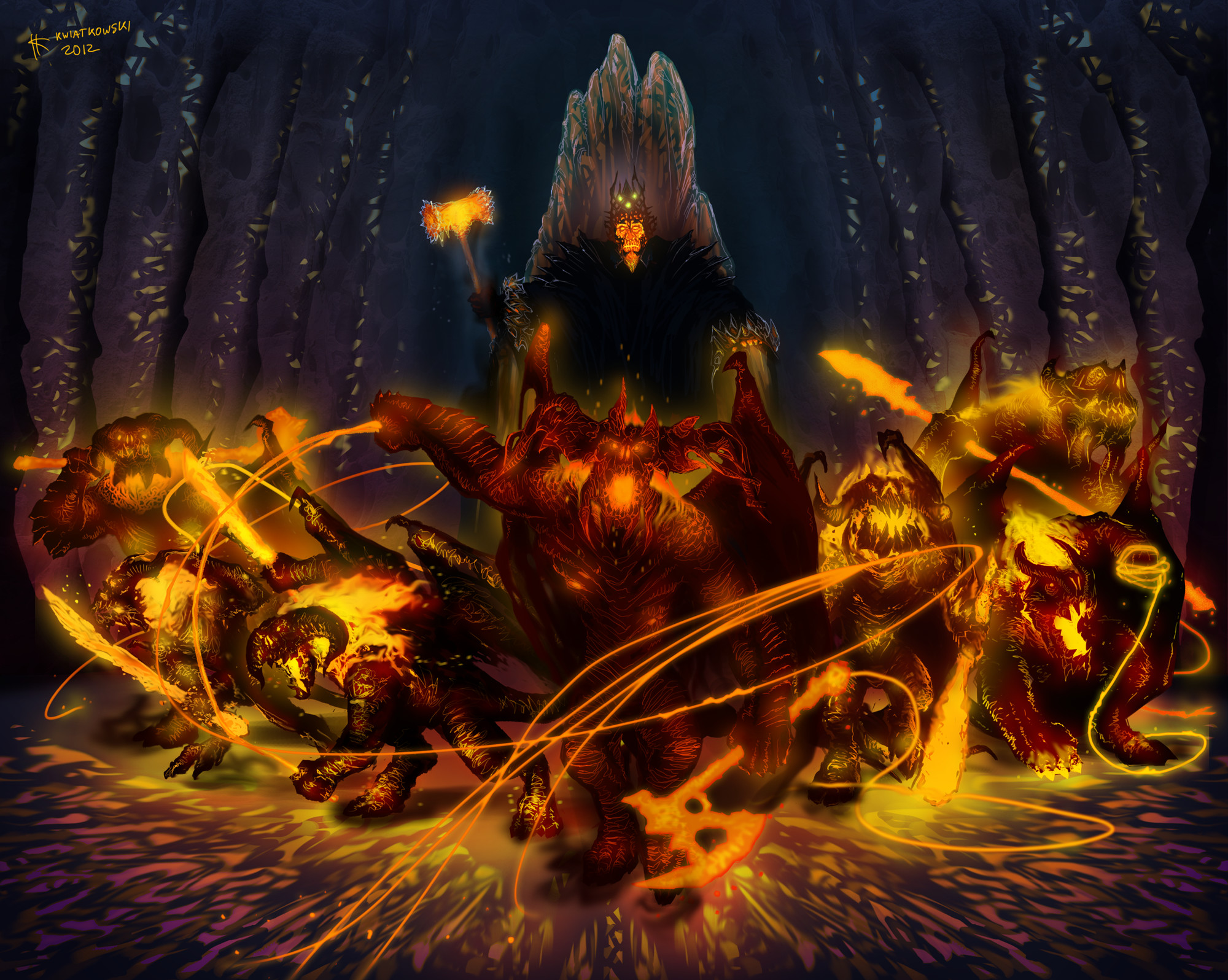 2000x1596 Morgoth and his guardians -terryfying Balrogs with their leader, Gothmog.  Fan art illustration, based on J.R Tolkien's "Silmarillion", and balrog  look.