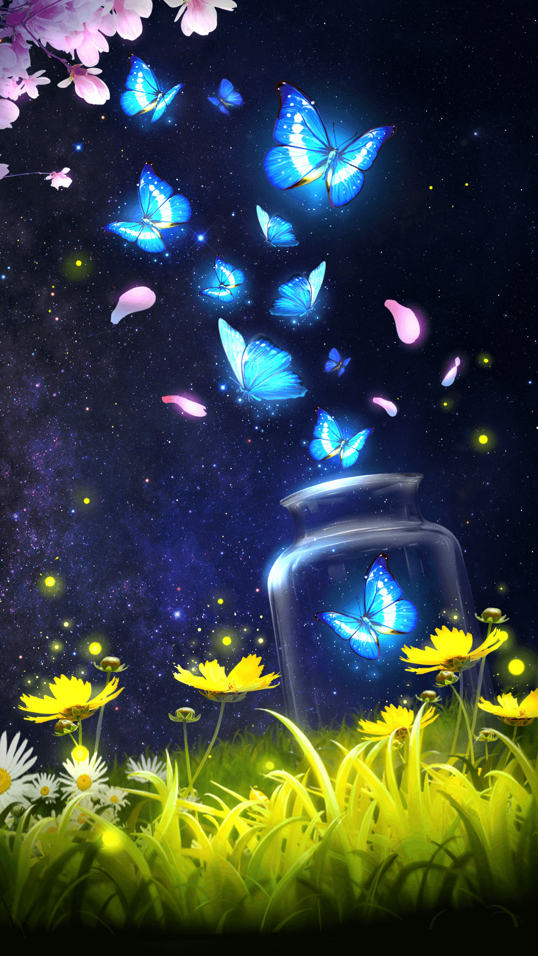 1080x1920 Android live wallpaper/background!Shiny blue butterfly live wallpaper with  starry sky as background
