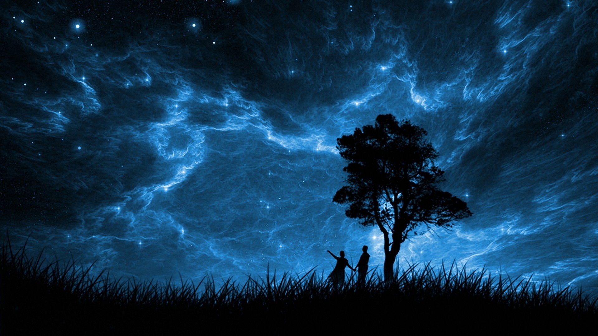 1920x1080 Artistic - Fantasy Artistic Sky Star Tree Couple Silhouette Blue Wallpaper