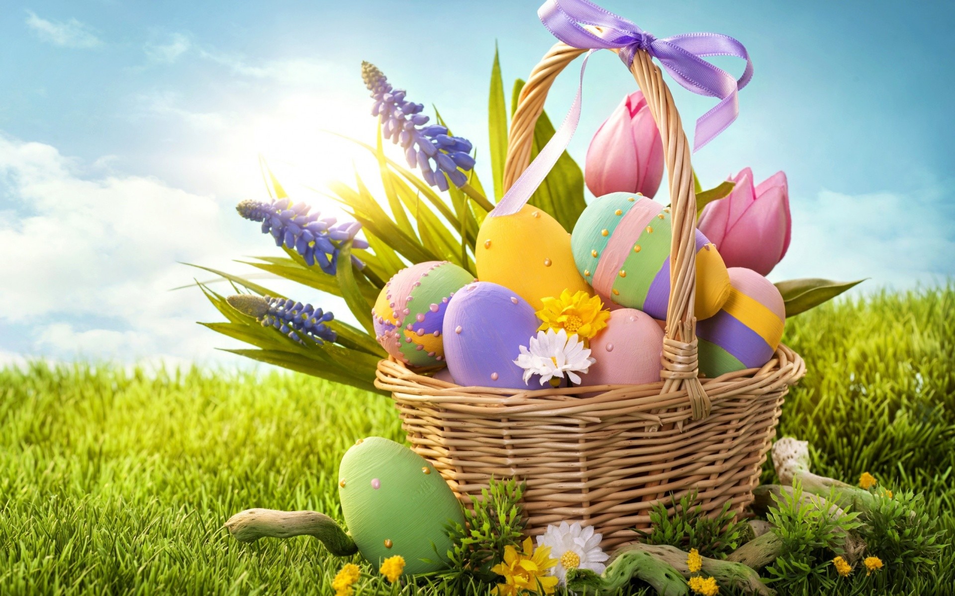 1920x1200 easter eggs basket and grass wallpaper