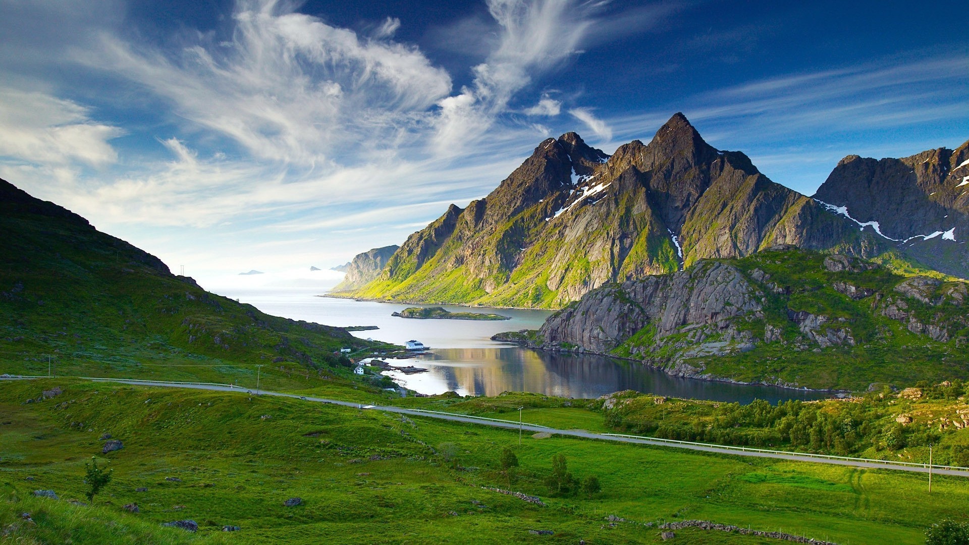 1920x1080 Green mountains and lake in norway widescreen high resolution wallpaper.