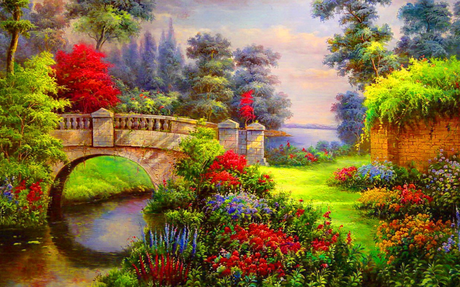 1920x1200 Vibrant Flowers Bridge River wallpapers and stock photos