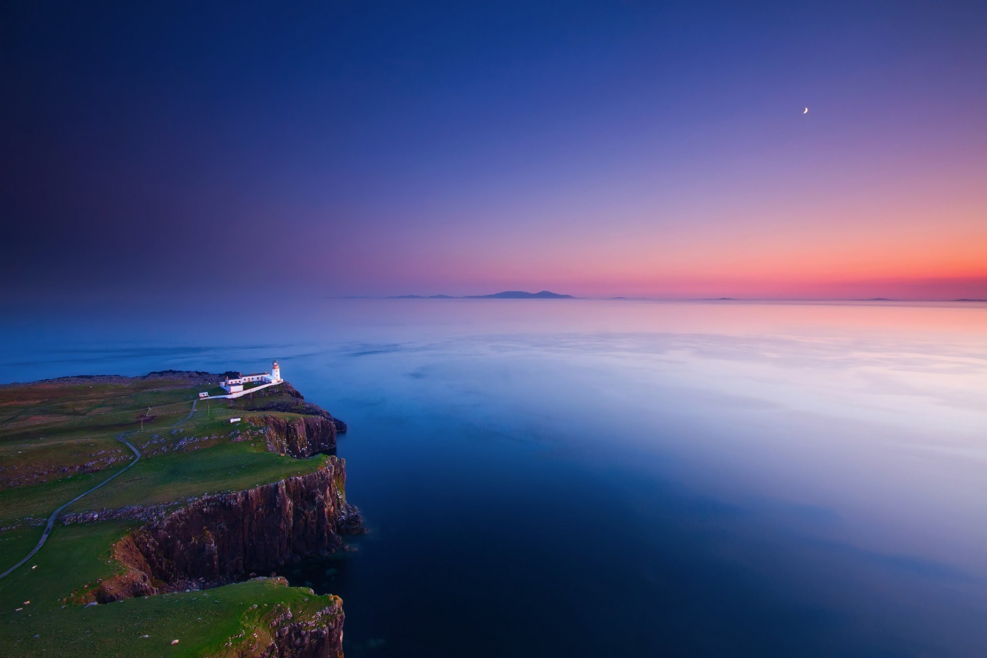 1920x1280 sunset night sky moon beach rock lighthouse