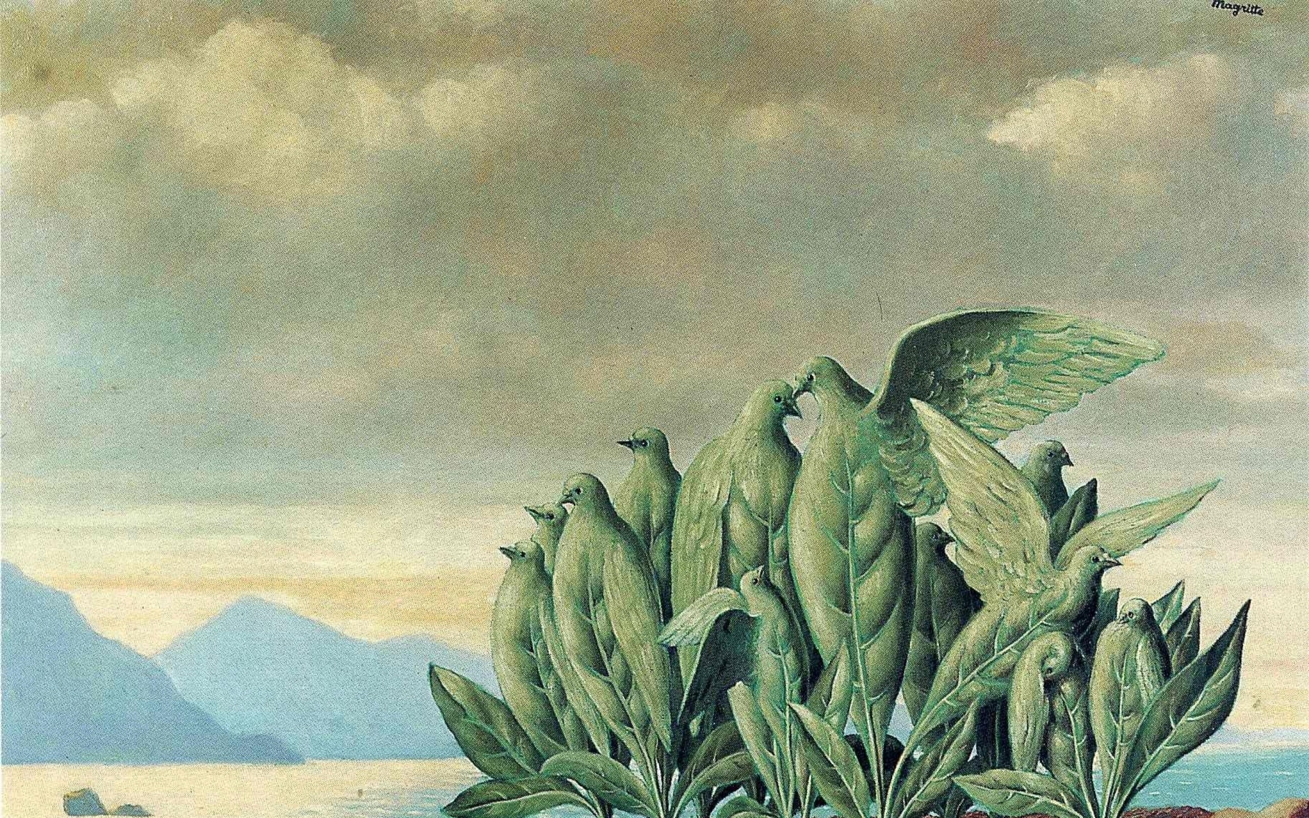 2560x1600 paintings mountains clouds landscapes leaves surrealism artwork traditional  art rene magritte belgia Art HD Wallpaper