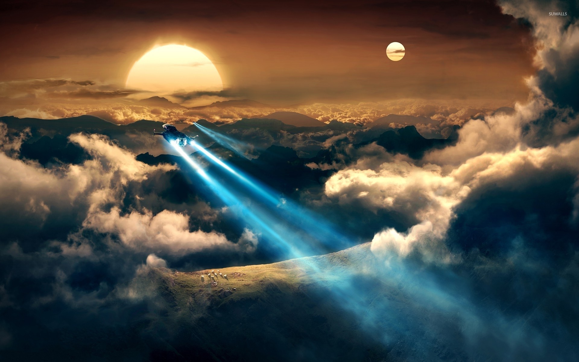 1920x1200 Spaceships flying towards the beautiful sunset wallpaper
