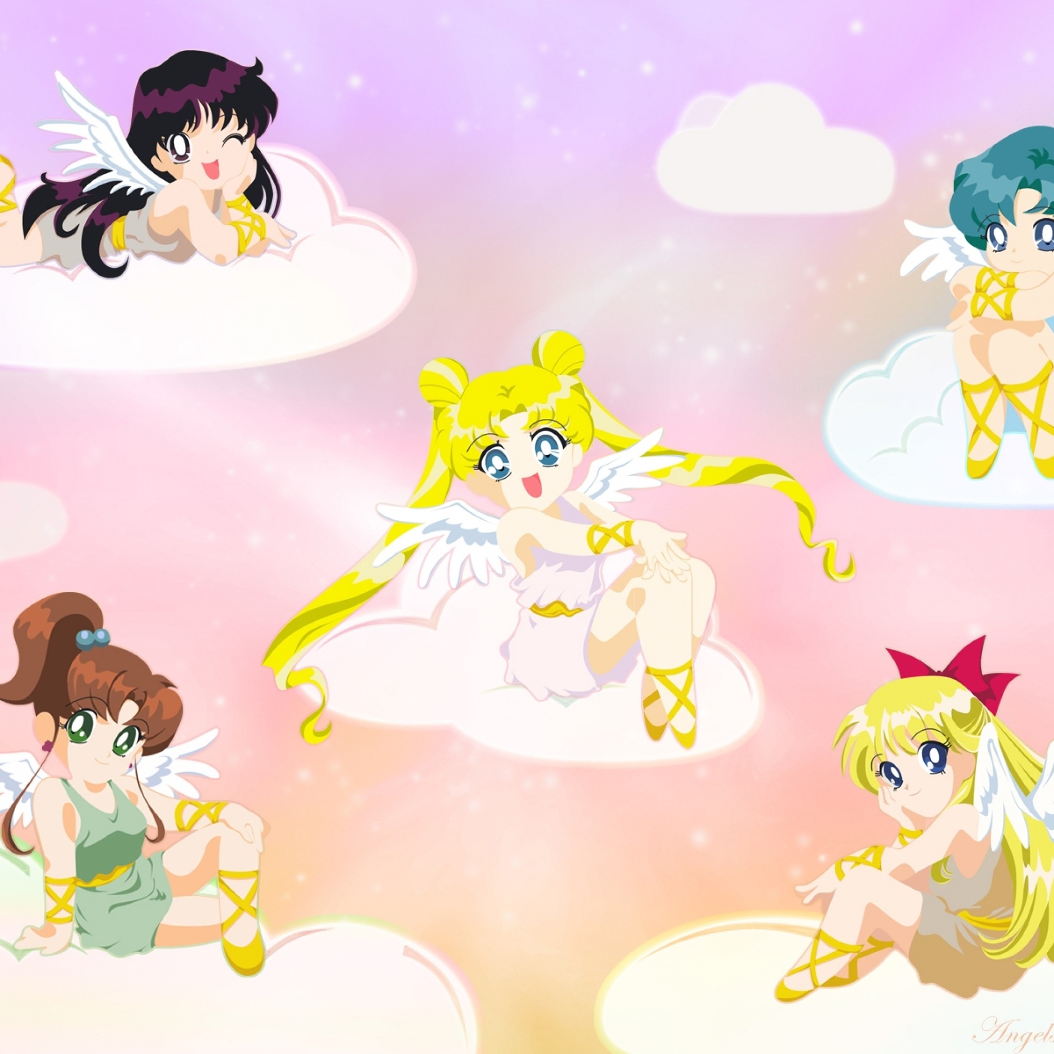 2048x2048 Preview wallpaper sailor moon, girls, clouds, smiles, angels, wings  