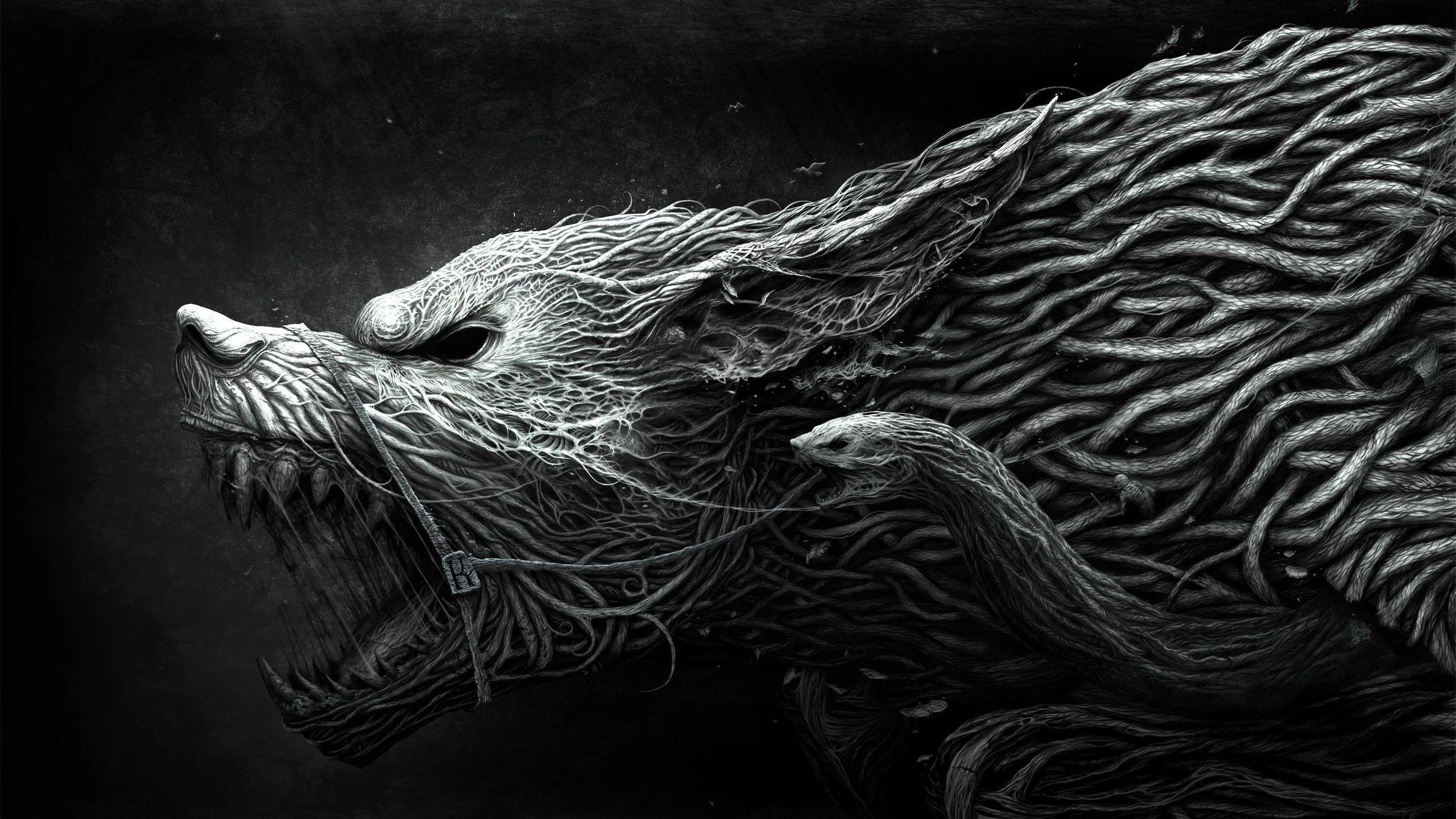 2560x1440 Preview wallpaper wolf, teeth, drawing, aggression, black, white 
