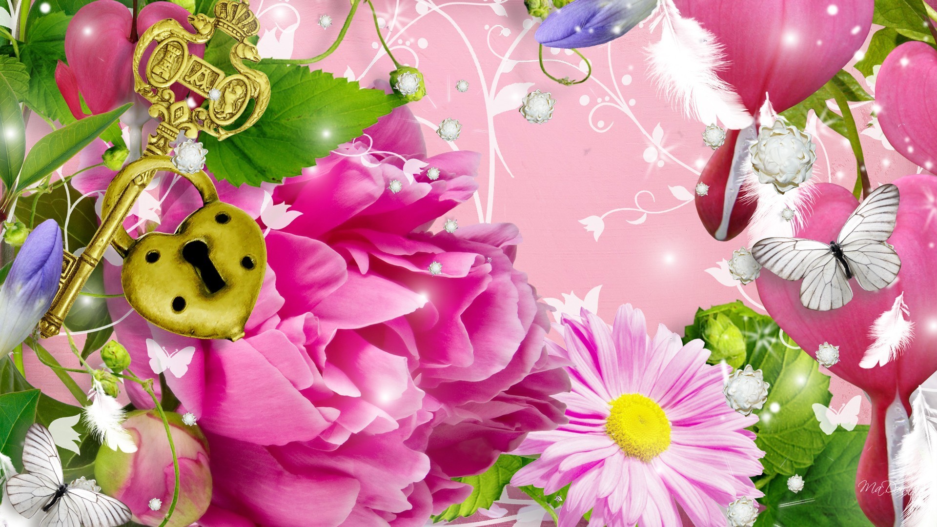 1920x1080 Peony Tag - Bleeding Hearts Butterfly Herts Key Feathers Pink Summer Peony  Bright Bouquet Gerbera Padlock