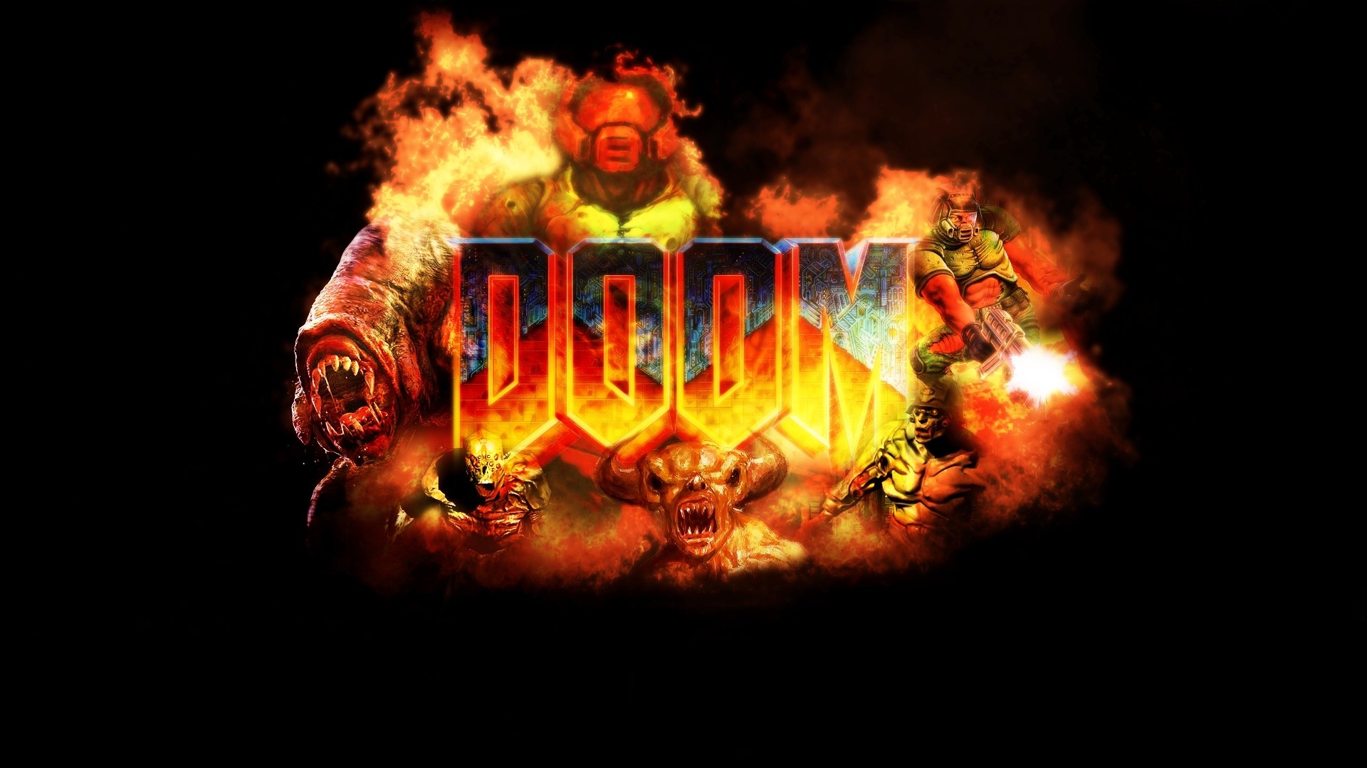 1920x1080 Preview wallpaper doom, game, logo, explosion, fire 