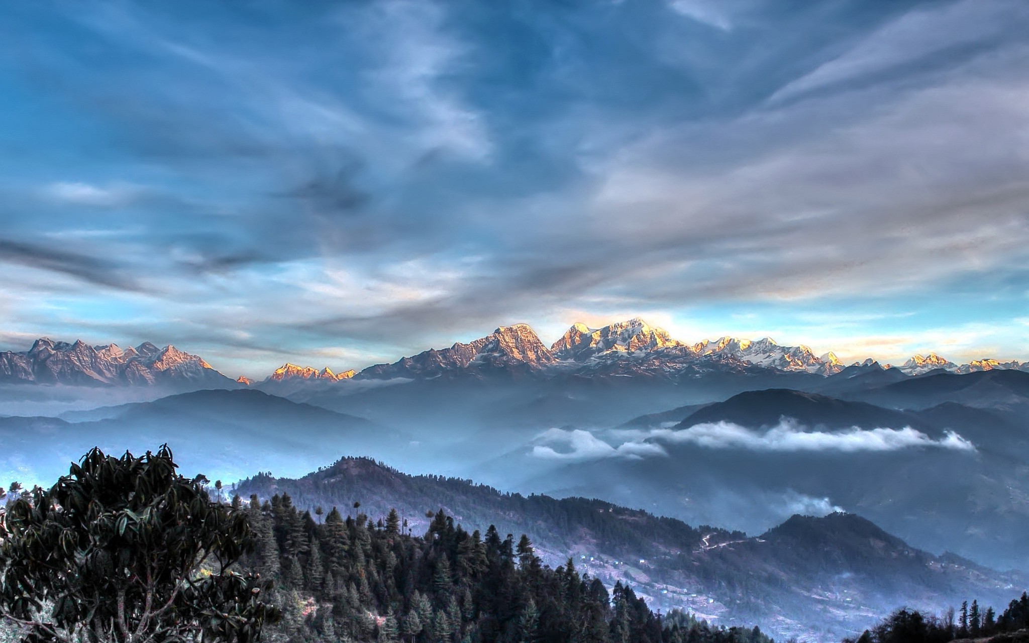 2048x1280 landscape, Nature, Himalayas, Mountain, Forest, Snowy Peak, Mist, Clouds,  Sunset, Nepal Wallpapers HD / Desktop and Mobile Backgrounds