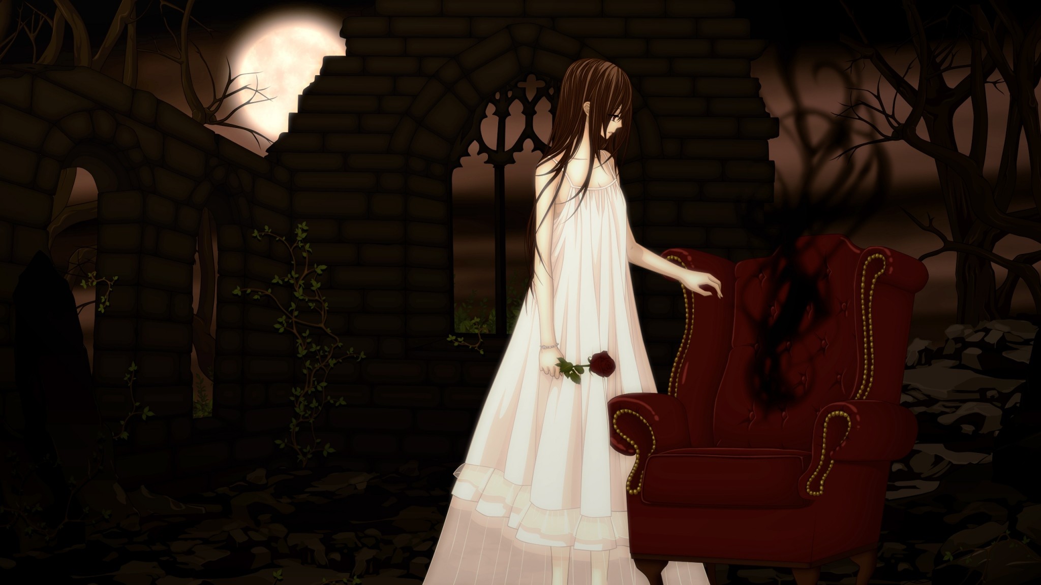 2048x1152 Preview wallpaper vampire knight, yuki cross, chair, girl, dress, flower  