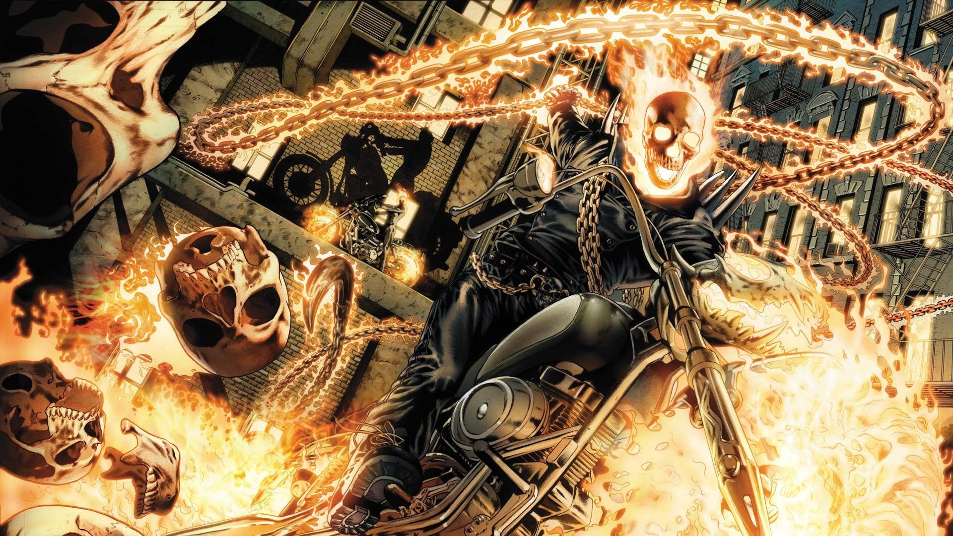 1920x1080  Download Ghost Rider Motorcycle Fire Flame Skull Chain wallpaper .