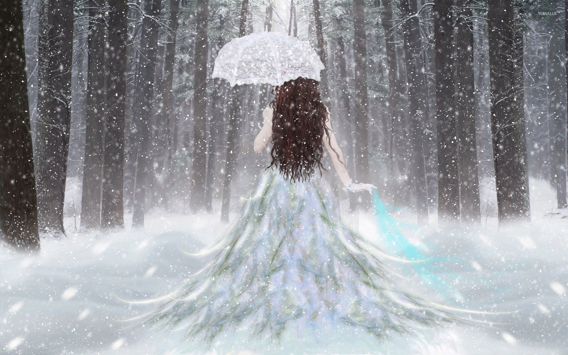 1920x1200 Princess with an umbrella in the snow wallpaper
