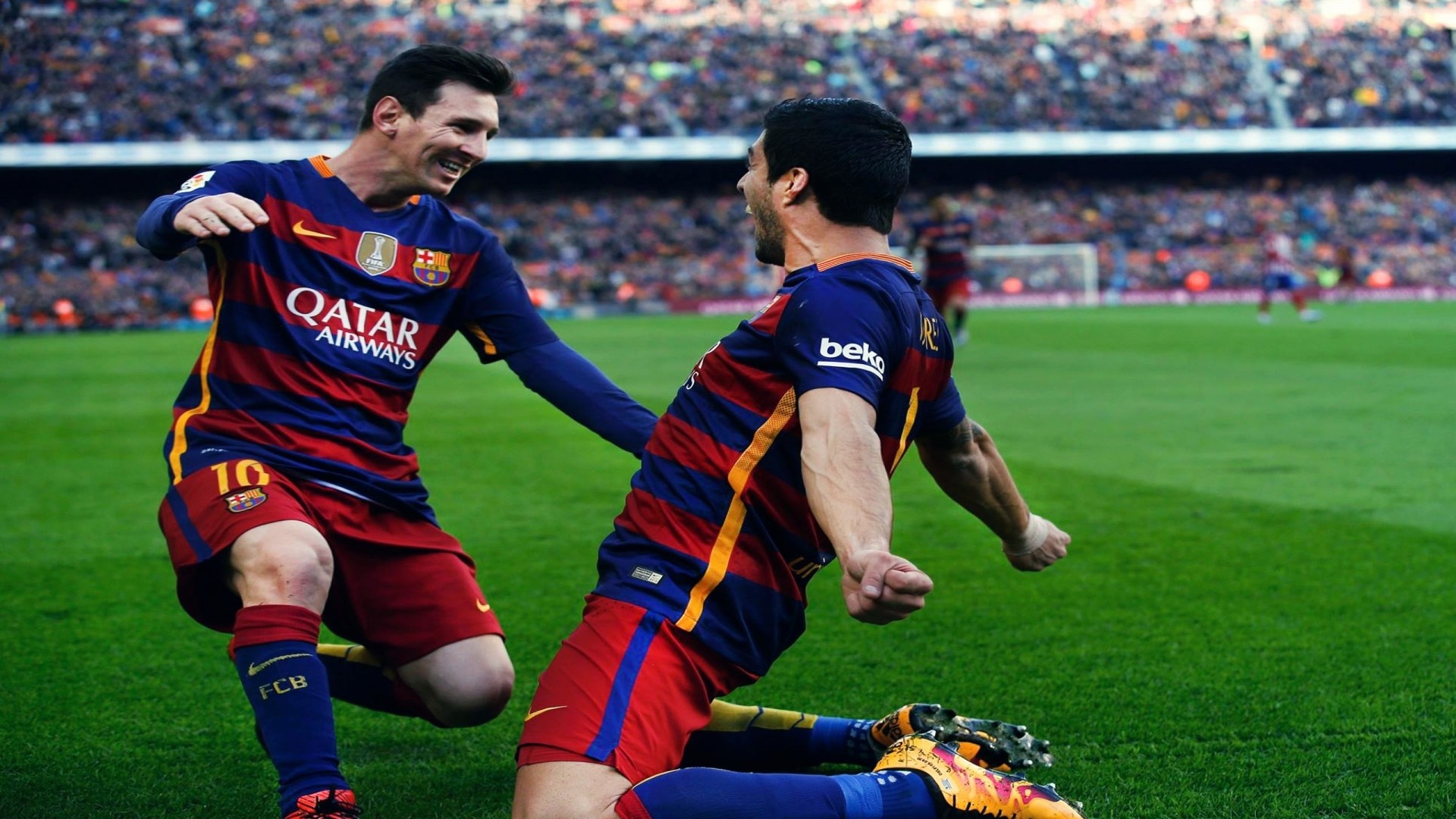 1920x1080 Barcelona Luis Suarez And Lionel Messi Goal Celebration. Wallpaper ...