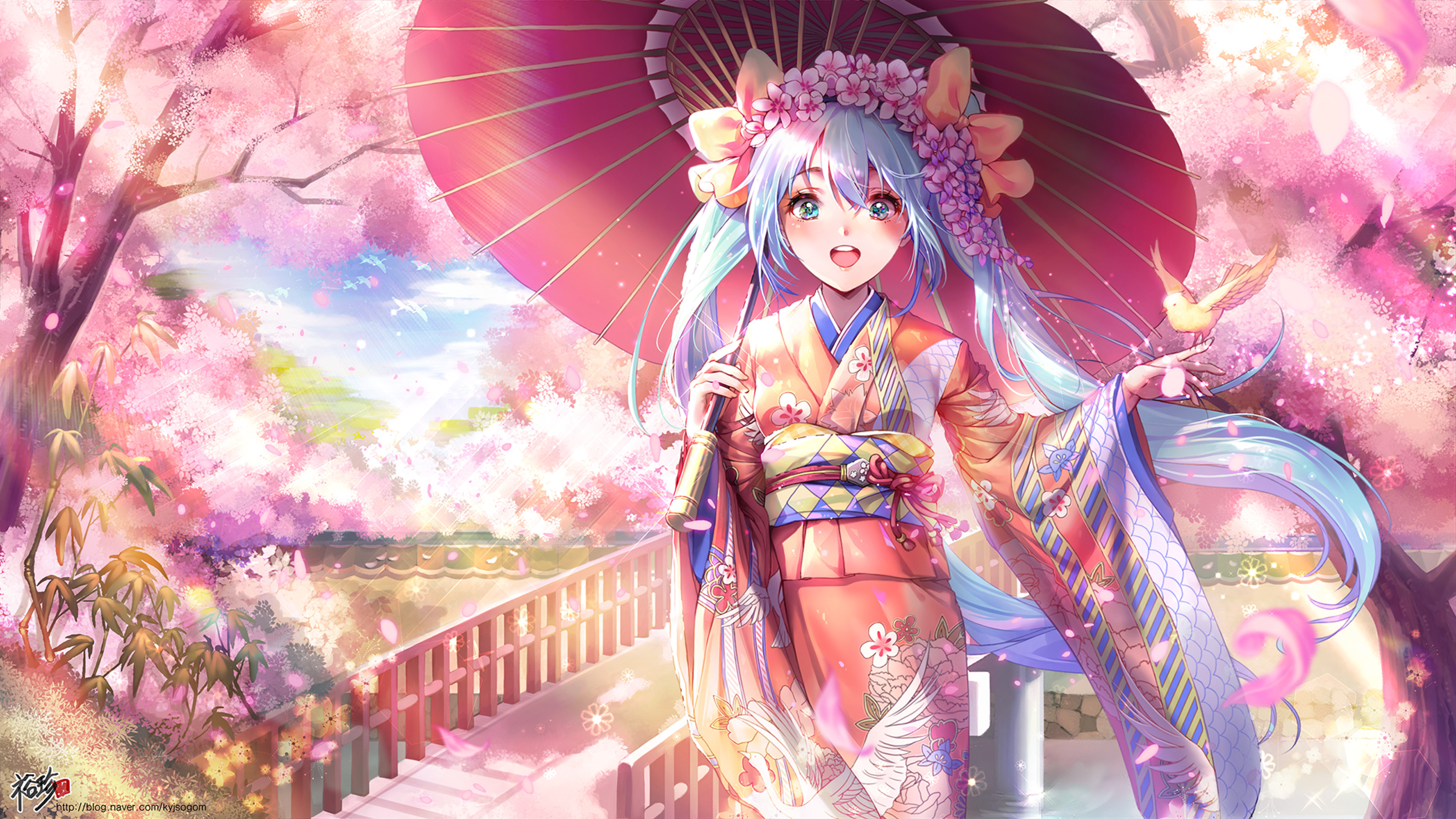 3840x2160 Hatsune Miku, Kimono, Smiling, Sakura Blossom, Bird, Flowers, Scenic,