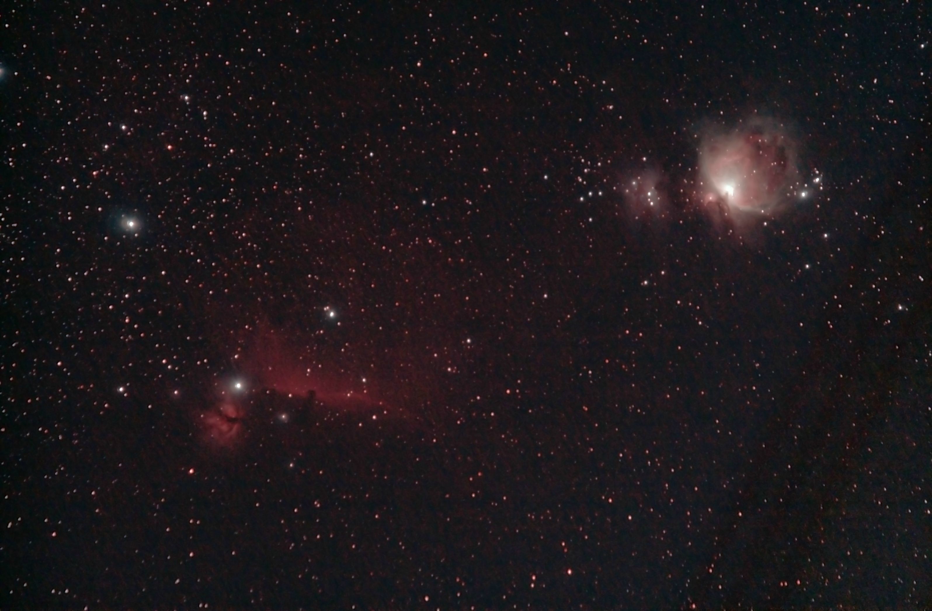 3192x2093 The faint redish stuff connects the horsehead, flame and orion nebula.