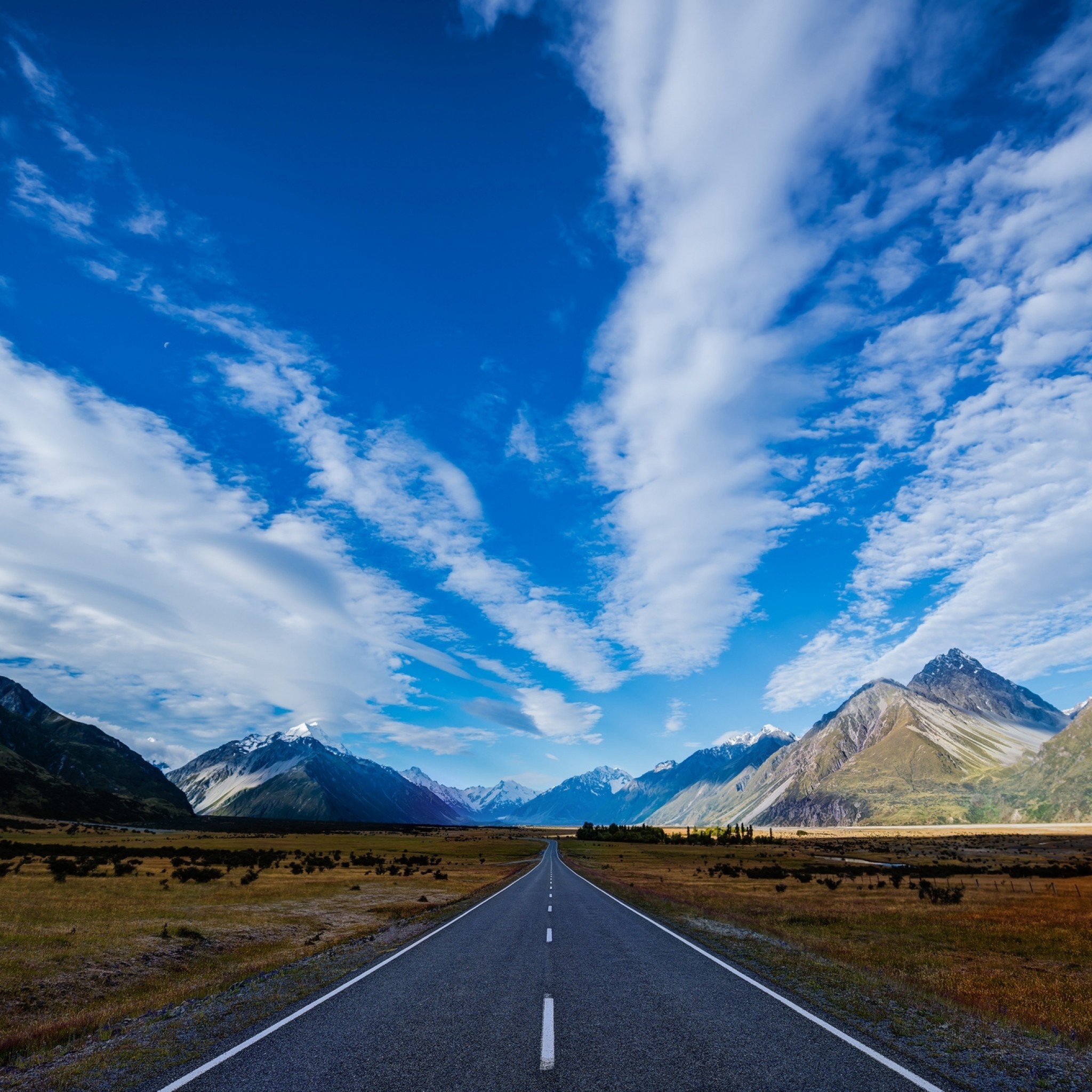 2048x2048  Wallpaper new zealand, road, highway, mountain, blue, sky, clouds