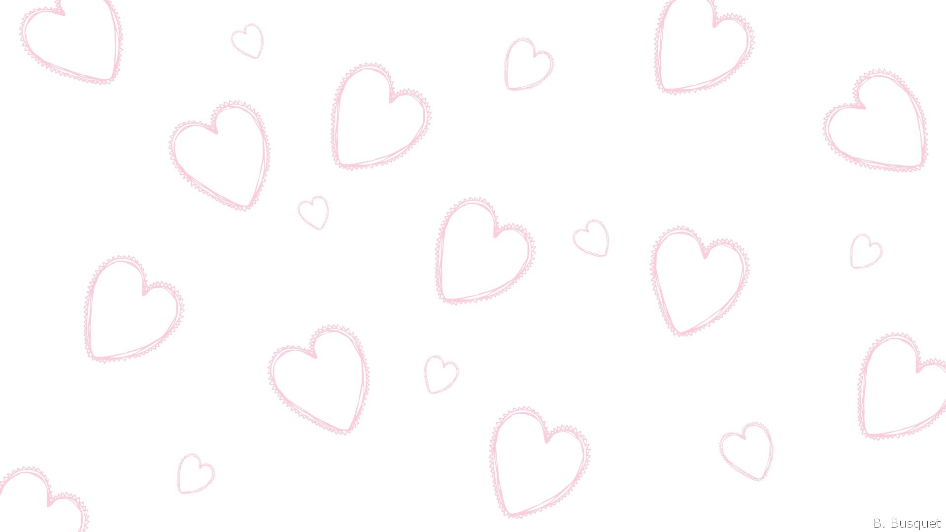 1920x1080 White wallpaper filled with a pattern with with pink hearts. Some are  bigger and other ones are small.