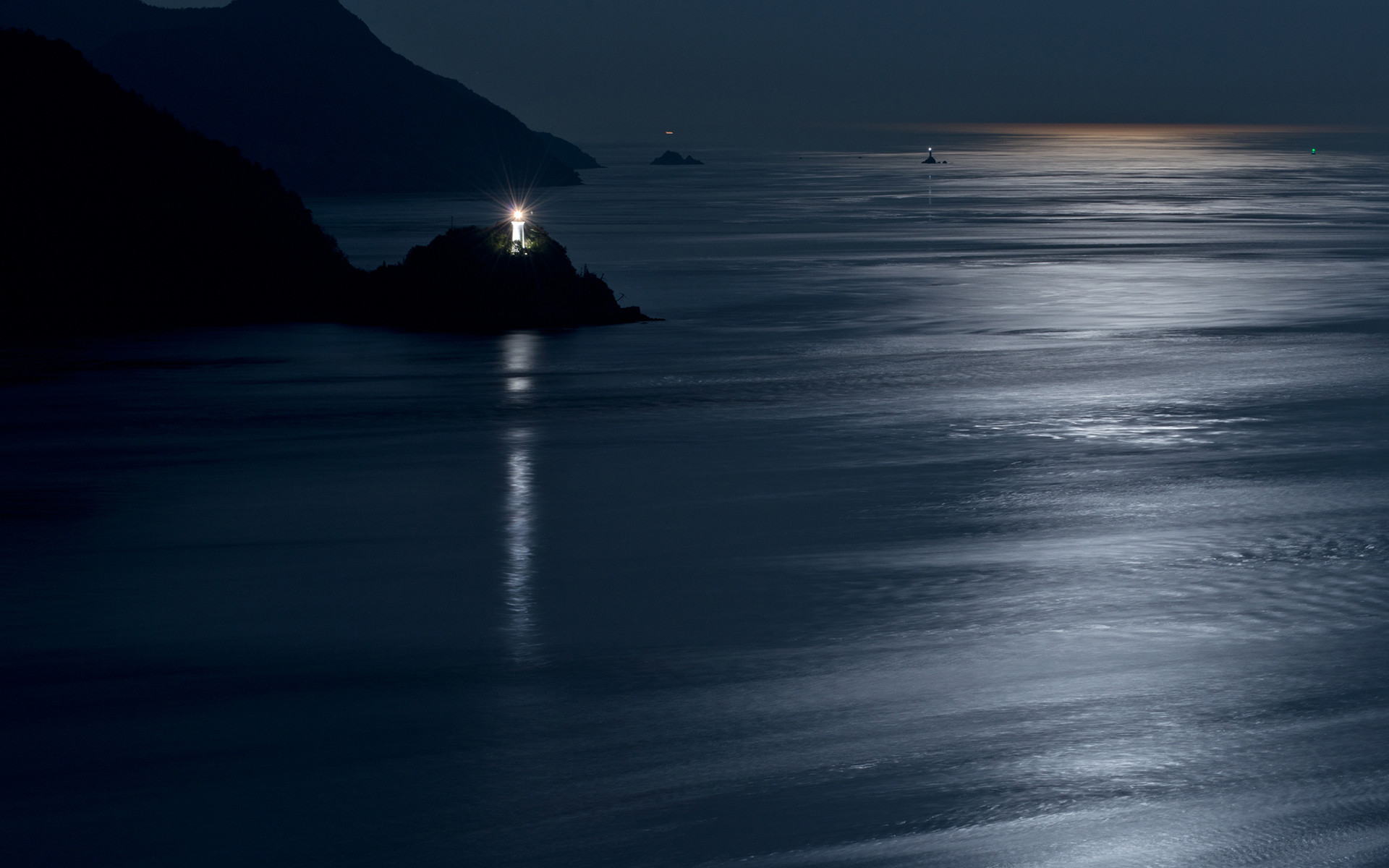 1920x1200 Lighthouse Coast night ocean sea reflection moon moonlight lights scenic  shore mood wallpaper |  | 110720 | WallpaperUP