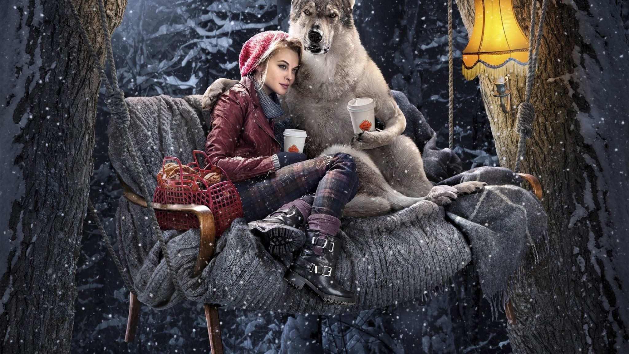 2048x1152  Wallpaper red riding hood, dog, girl, wolf, forest, winter,