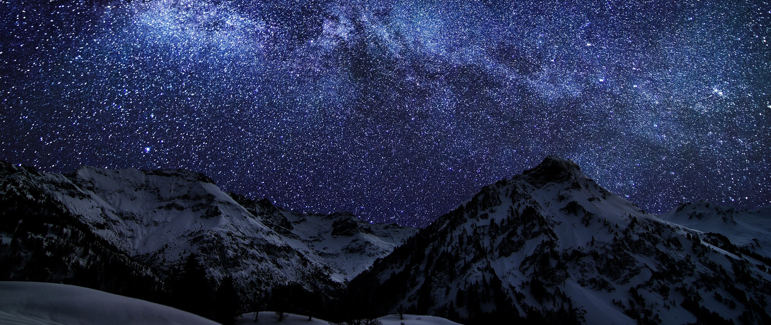 2560x1080 Preview wallpaper winter, sky, stars, nature, night 