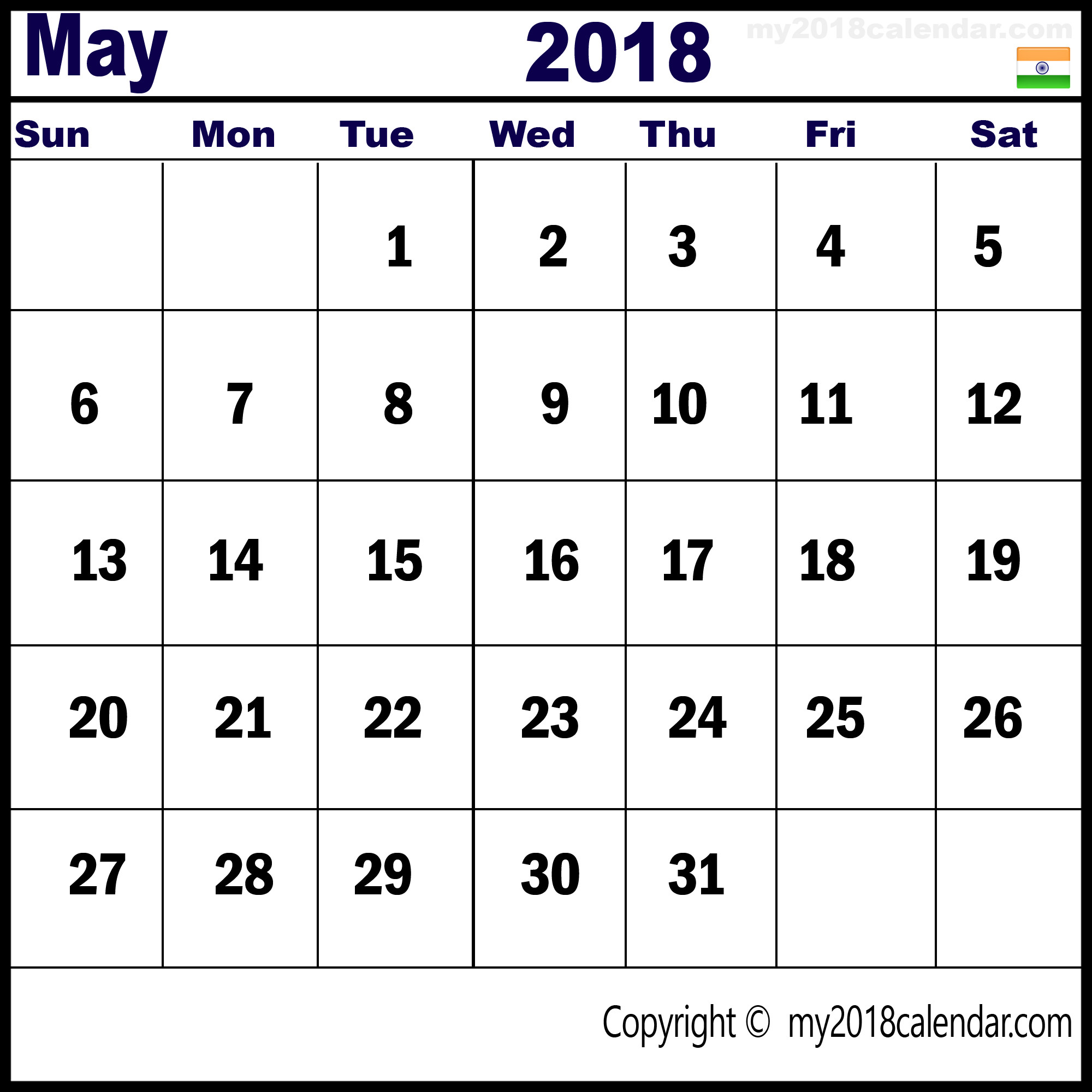 2000x2000 May 2018 India Calendar Download