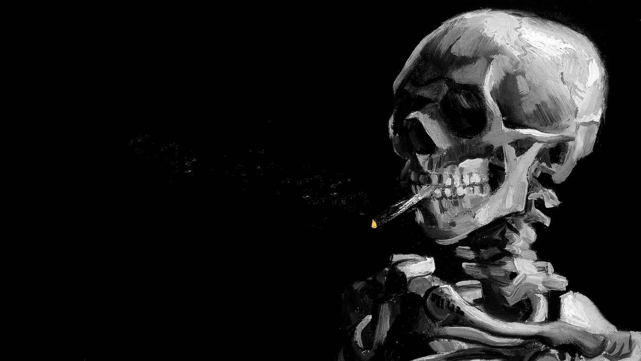 2133x1200 General  digital art skull black background painting bones spine  ribs teeth smoking cigarettes smoke monochrome