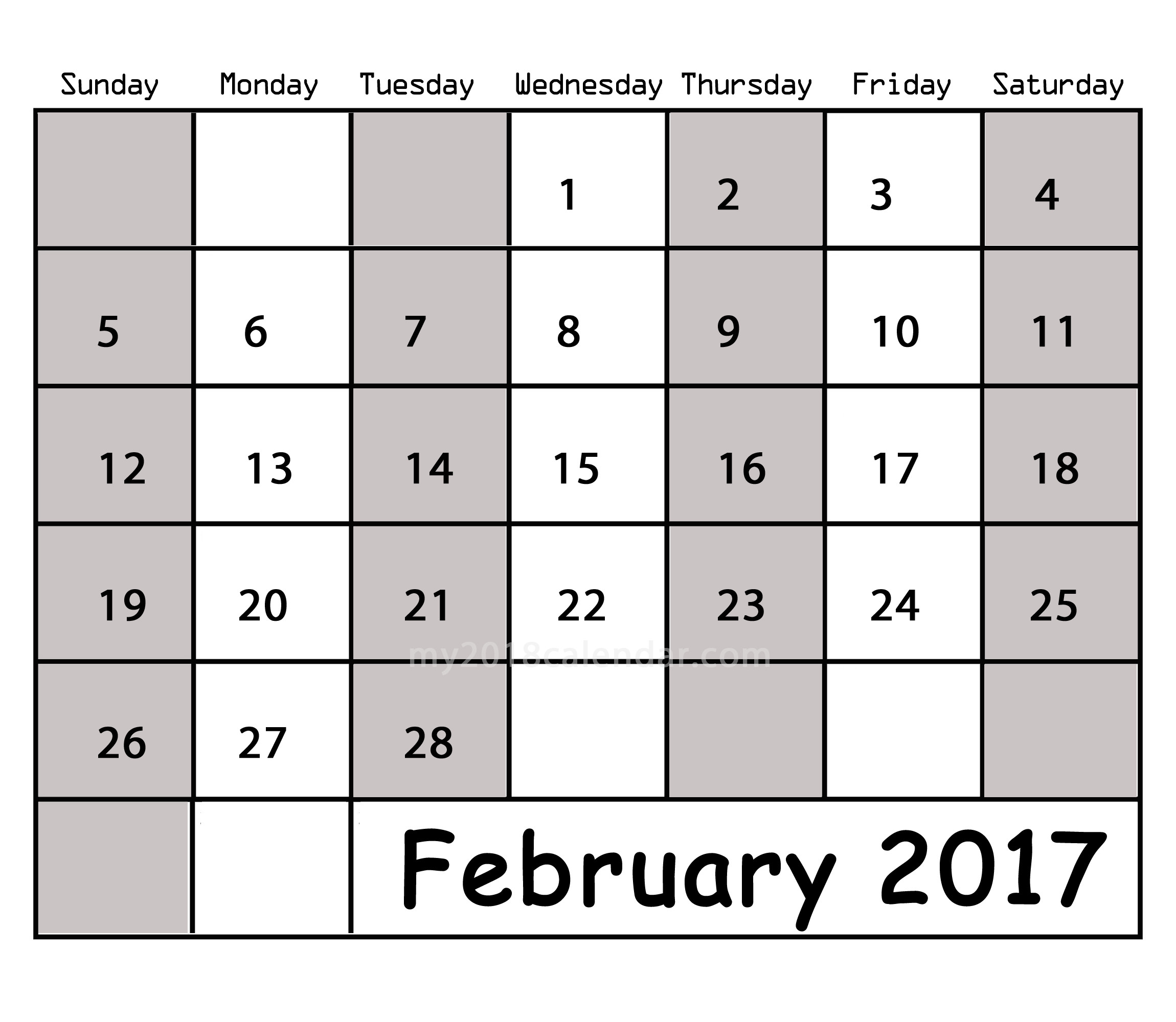 2300x2000 February 2017 online calendar