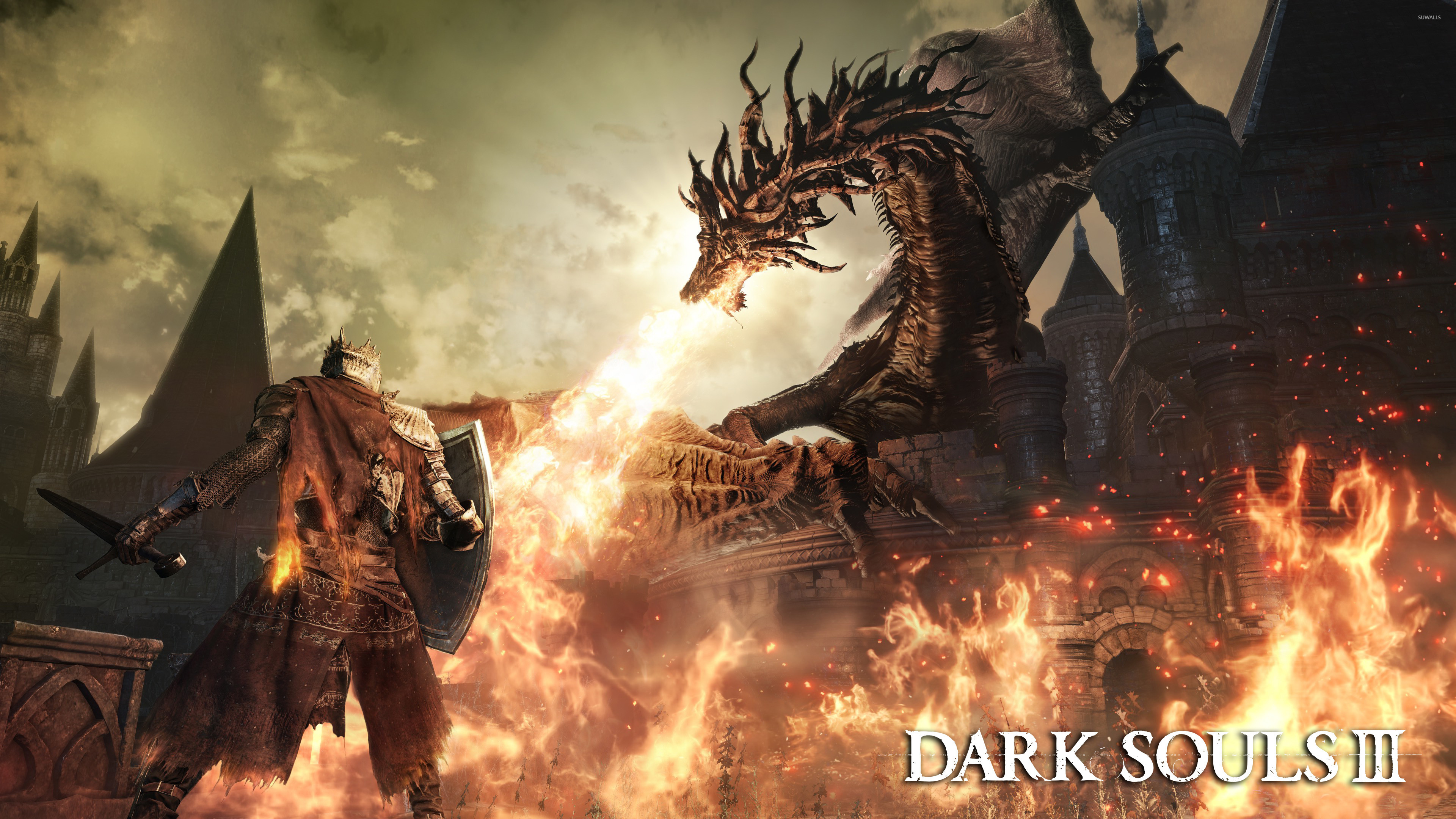 3840x2160 Knight fighting the dragon in Dark Souls III wallpaper