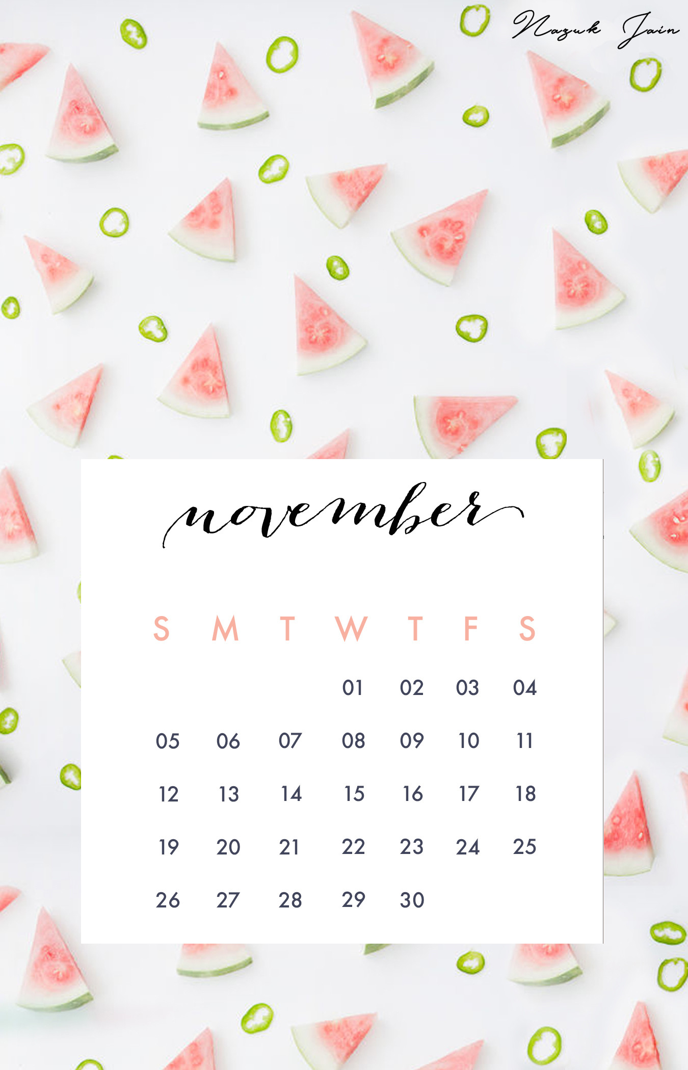 1350x2100 November - Free Calendar Printables 2017 by Nazuk Jain
