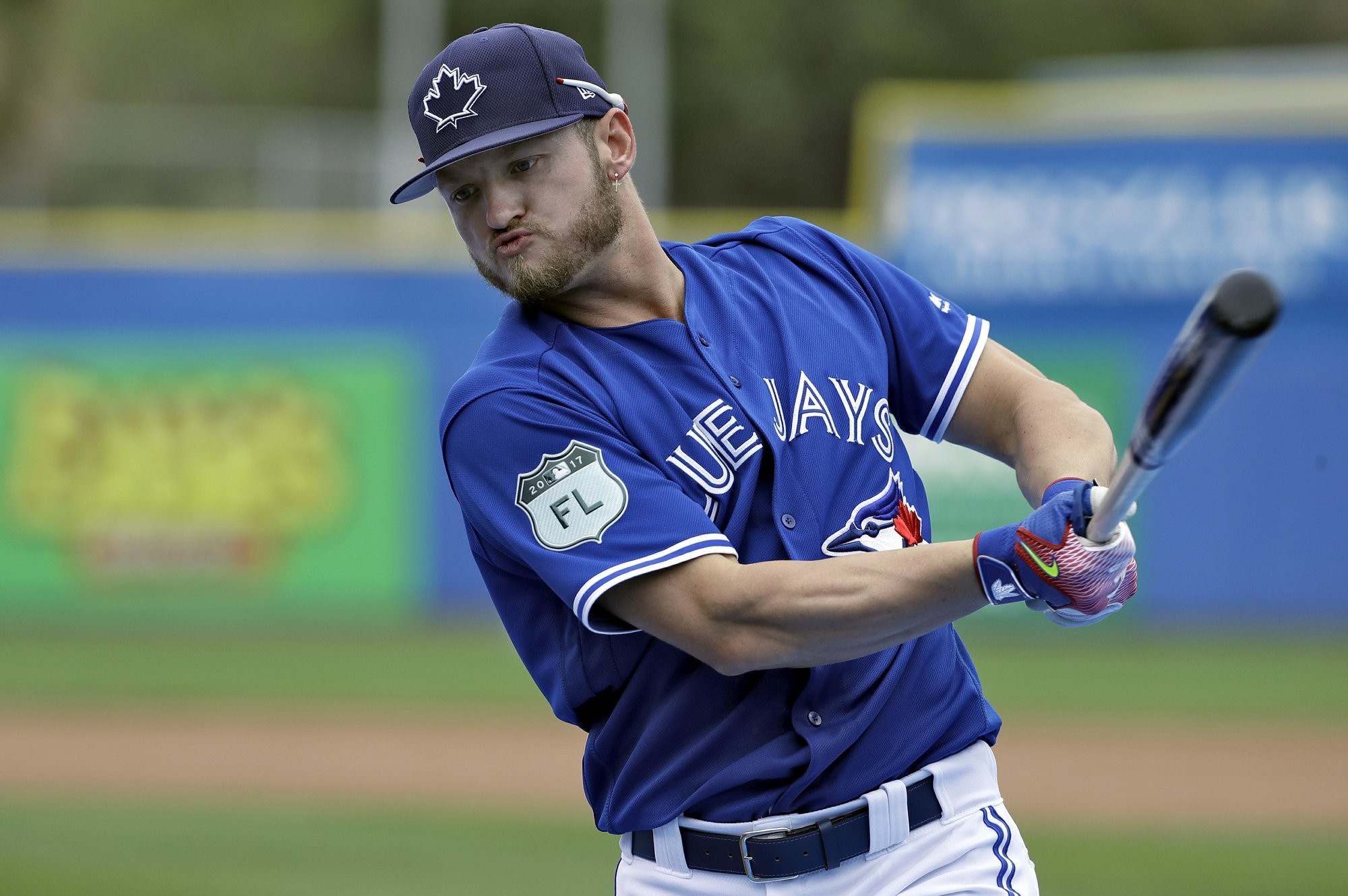 2000x1330 FILE - In this March 13, 2017, file photo, Toronto Blue Jays' Josh Donaldson  takes practice swings before his turn in the batting cage before a spring  ...