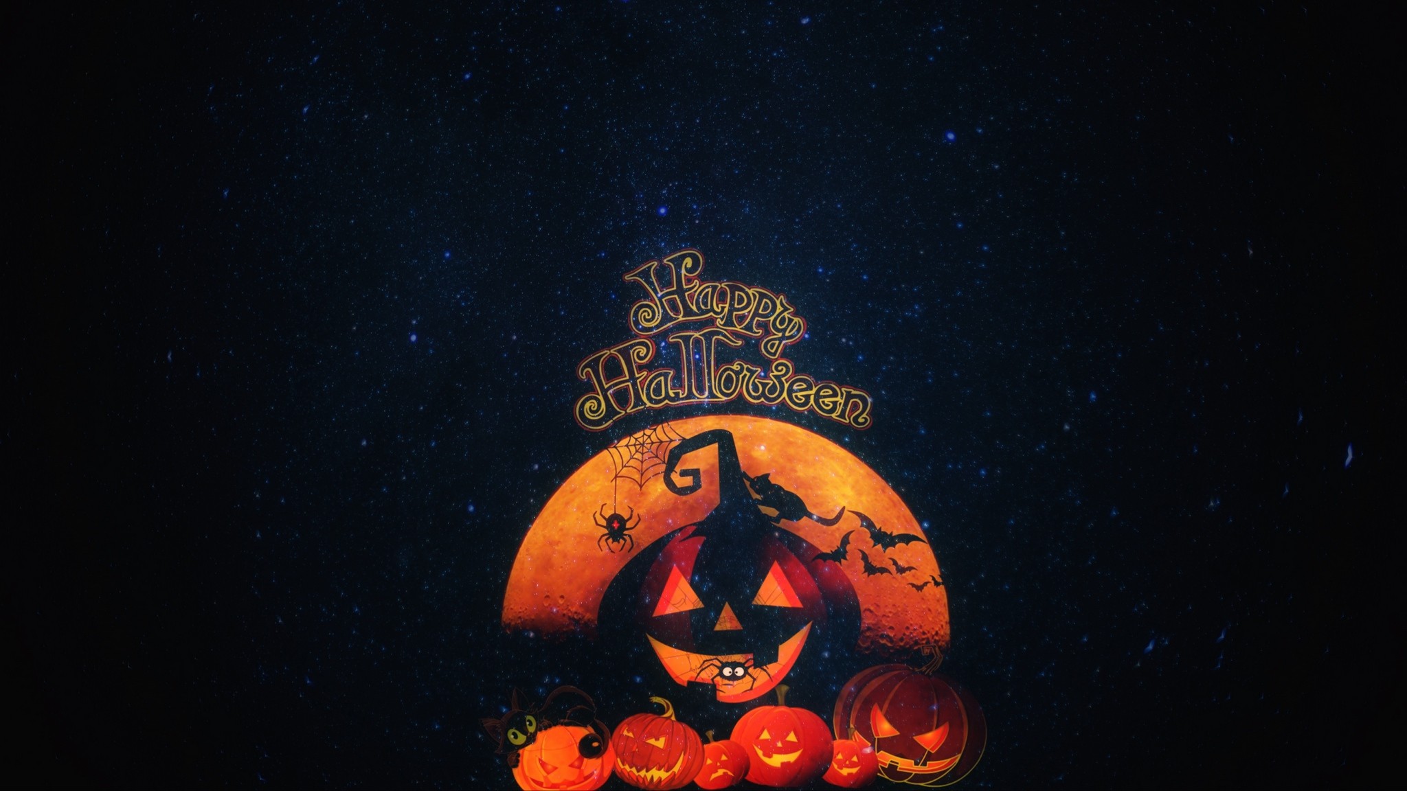 2048x1152  Wallpaper halloween, pumpkin, autumn, cat, holiday