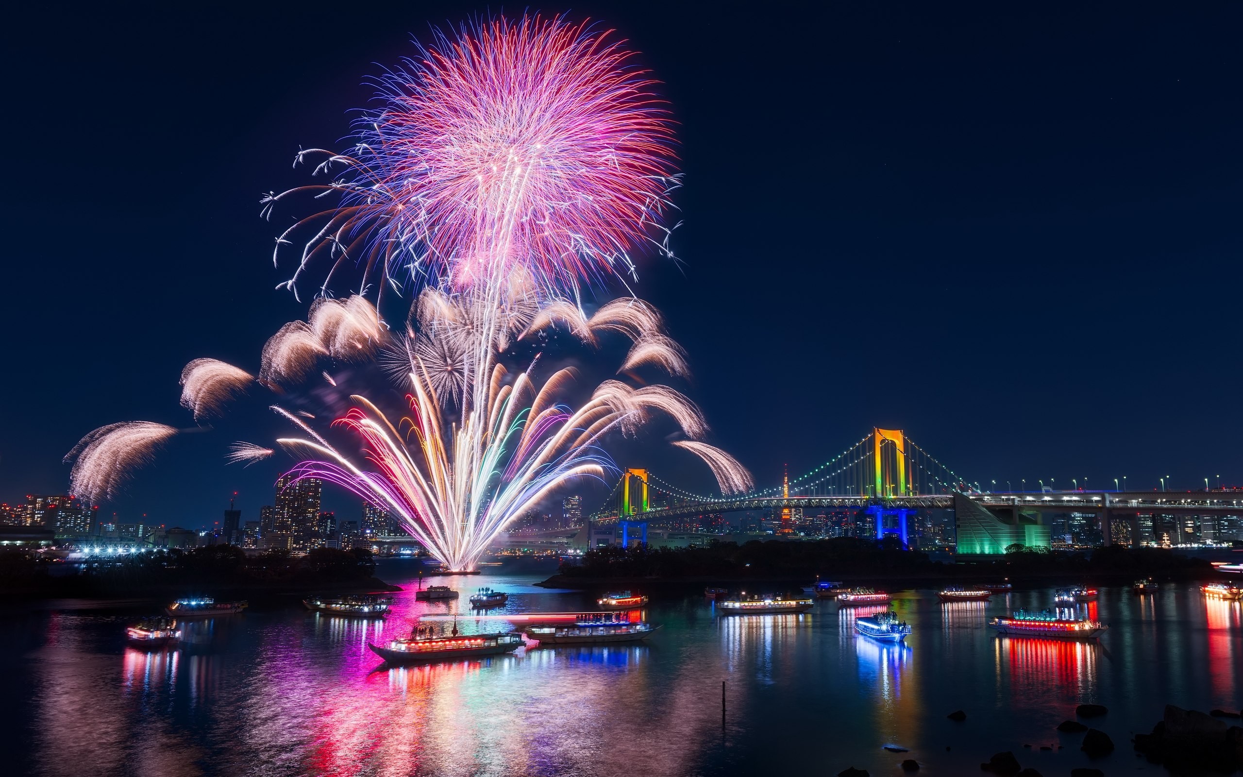 2560x1600 City, River, Boat, Fireworks, Bridge, Tokyo, Japan, Night,