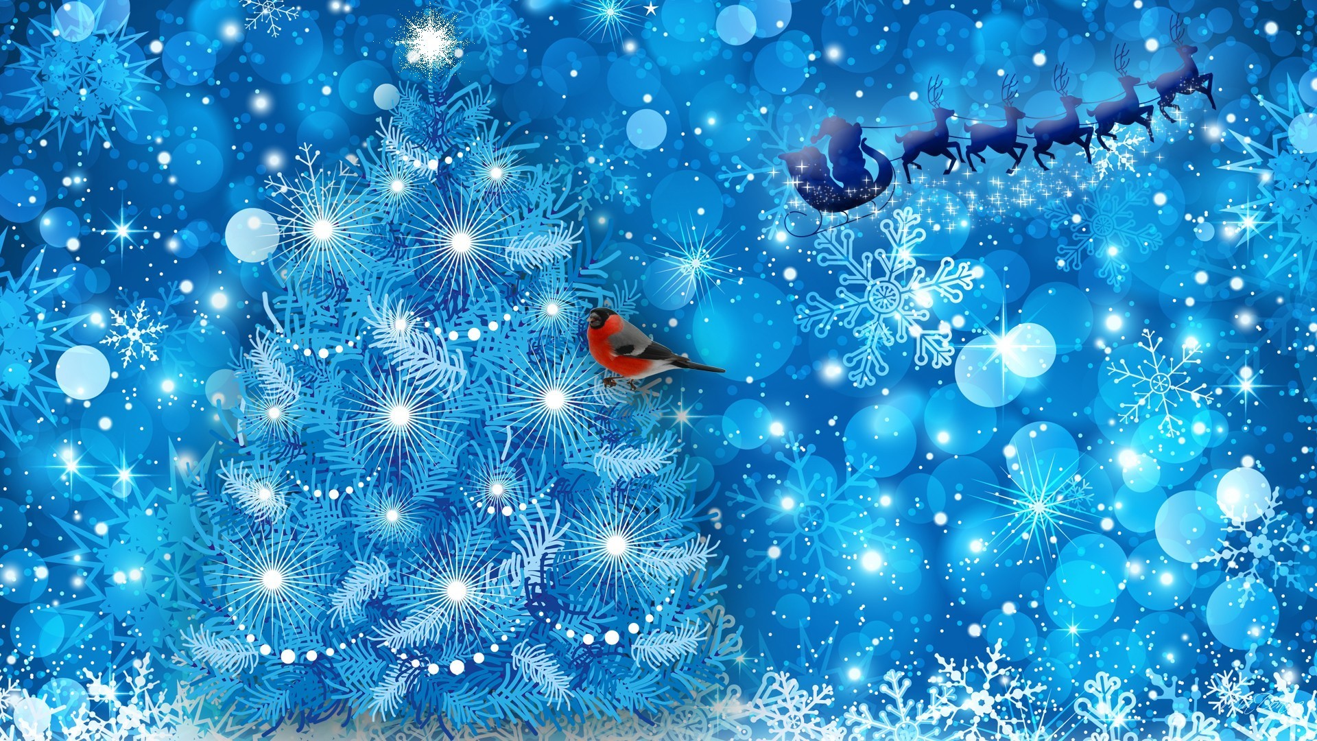 1920x1080 Santa Finch Claus Tree Sparkle Holiday Blue Snowflakes Reindeer Snow  Christmas Wallpaper Winter Holidays Detail