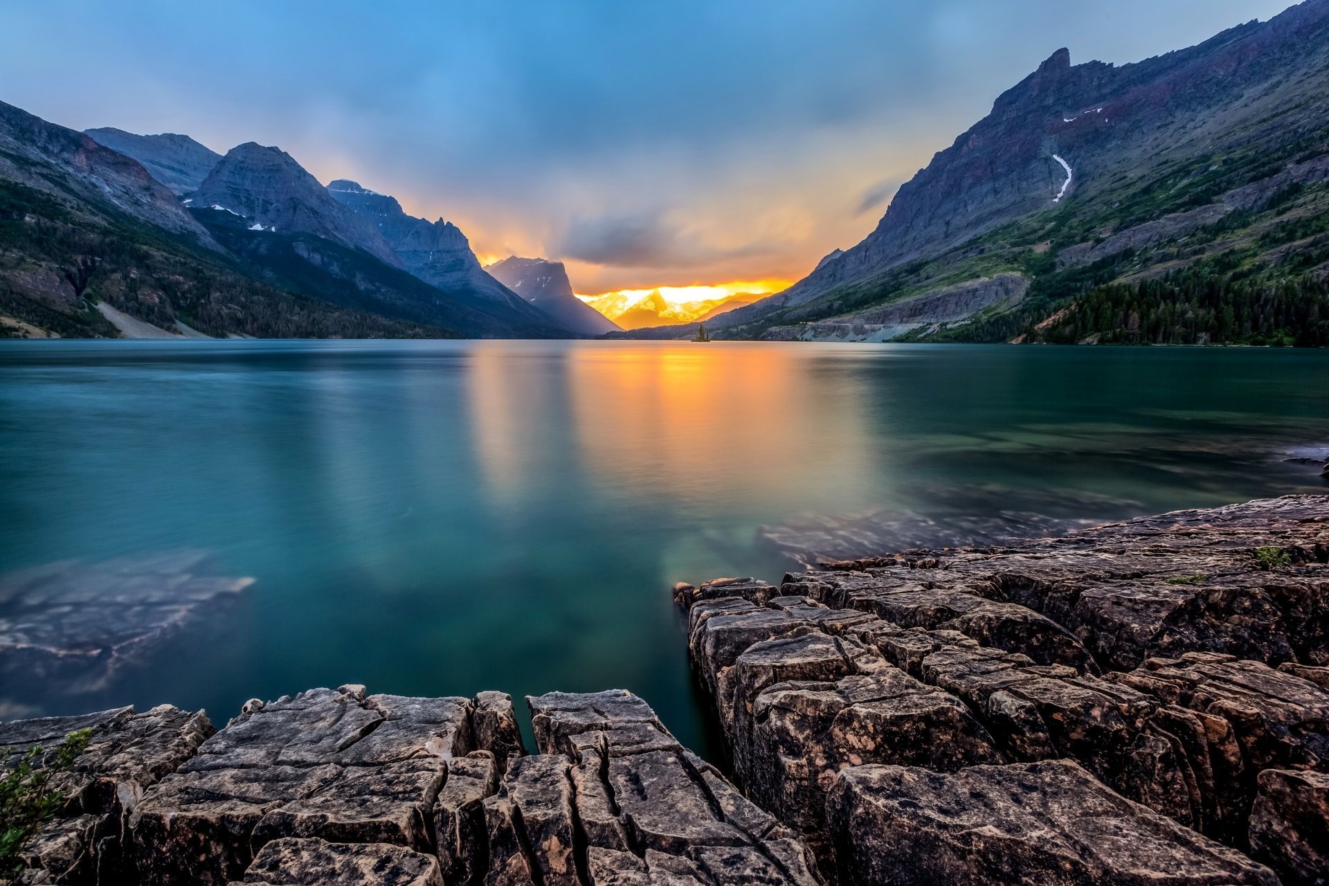 1920x1280 mountain rock stones lake sunset saint mary lake glacier national park  montana