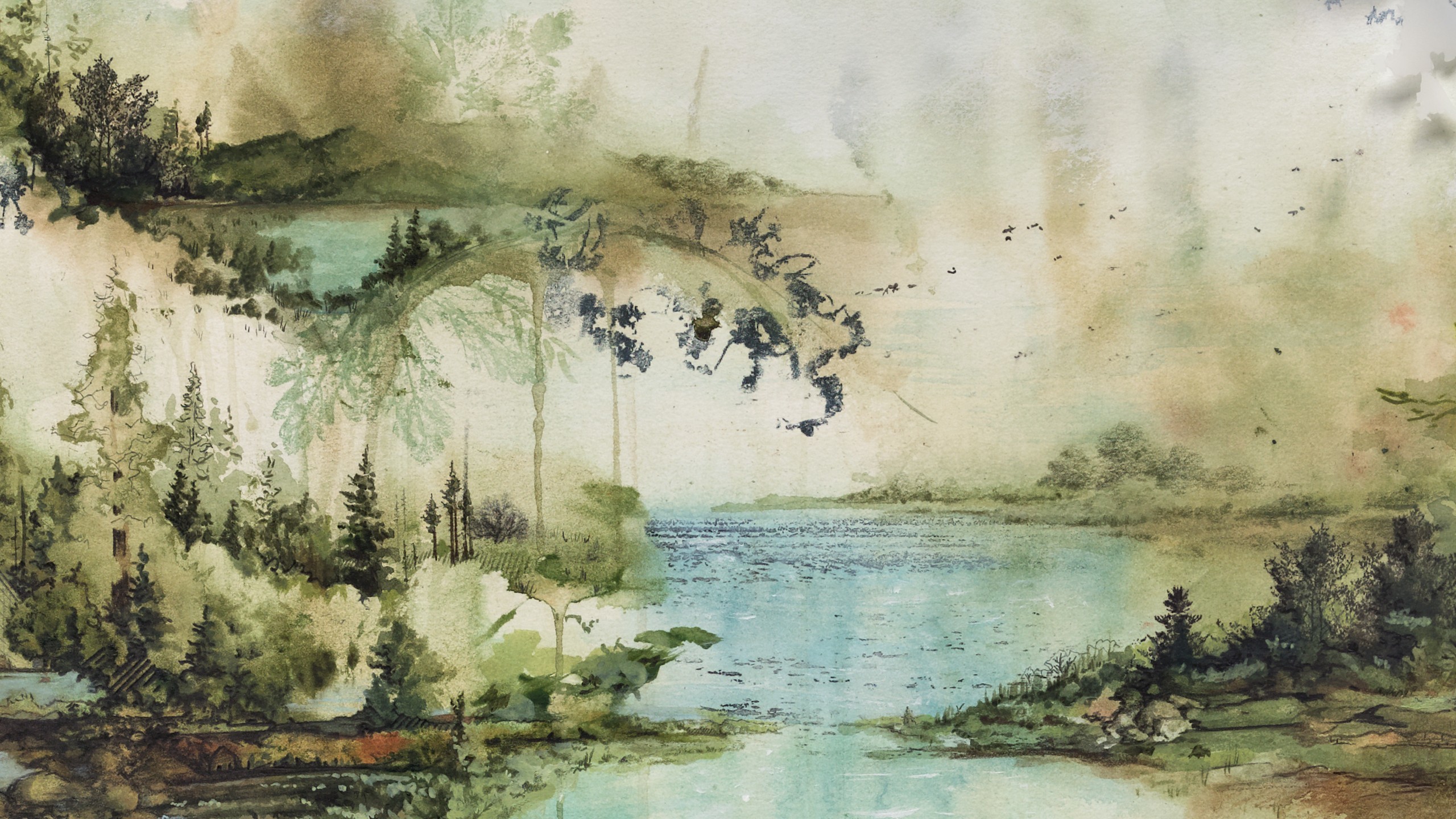 2560x1440 Artwork Bon Iver Nature Paintings Rivers Trees Watercolor ...