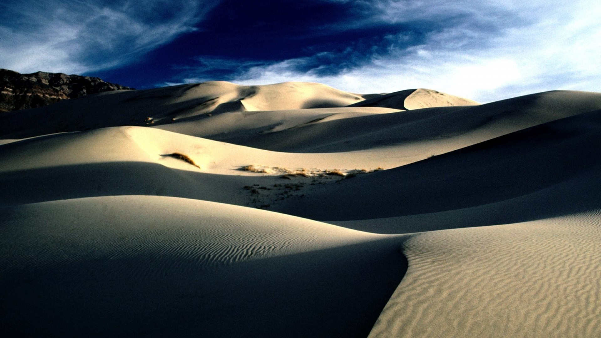 1920x1080  Wallpaper desert, sand, dunes, shades, mountains, lines, clouds,