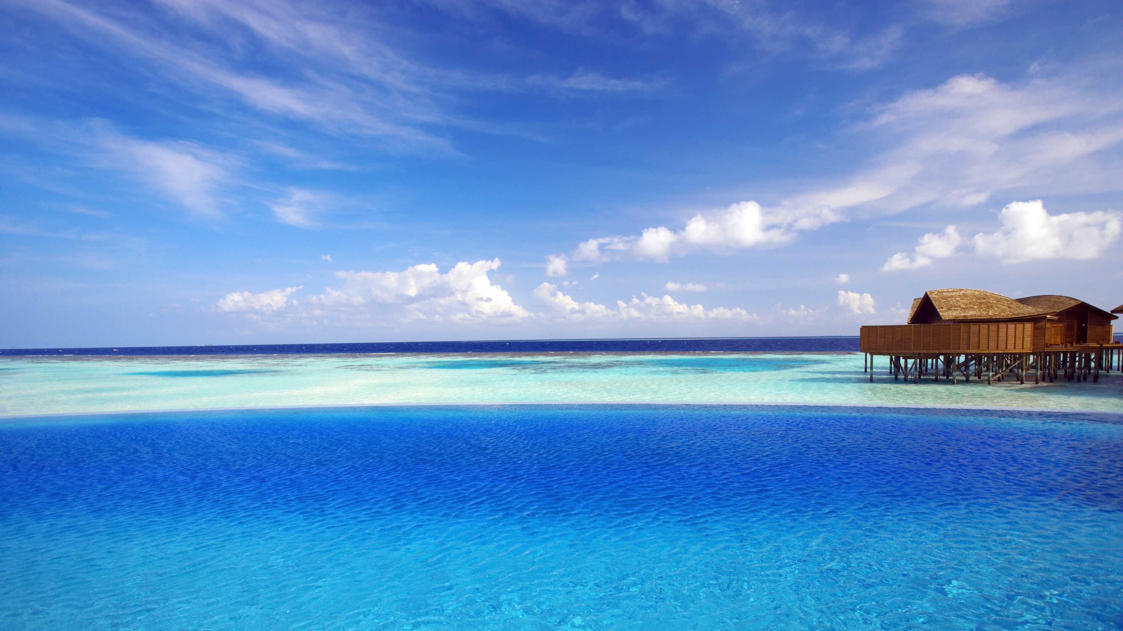 3840x2160  Wallpaper maldives, tropical, bungalows, ocean