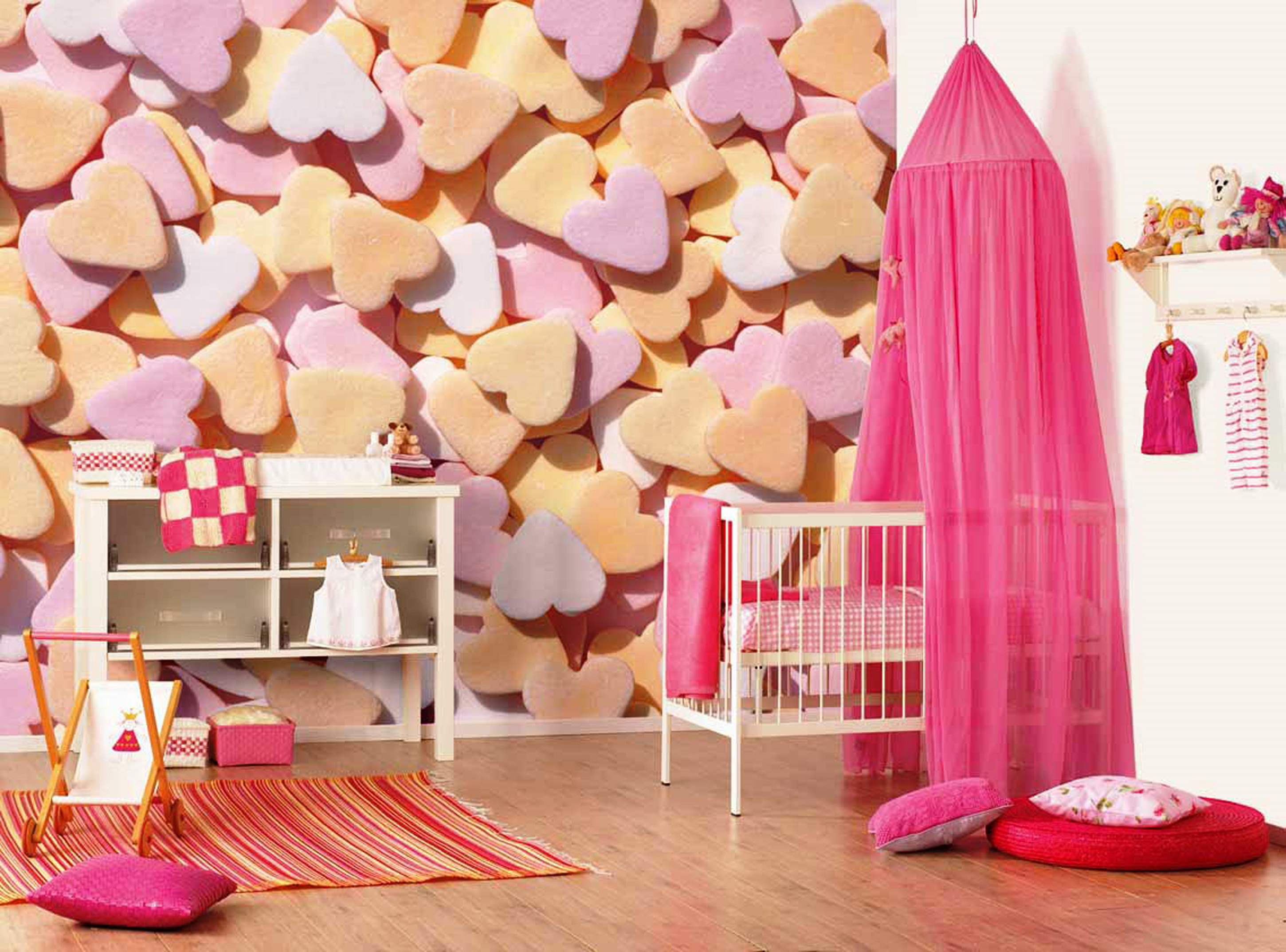 2900x2148 Bedroom Romantic Girls Design With White Crib Fuchsia Curtain And Colourful  Heart Wallpaper Also Drawer Chest kids ...