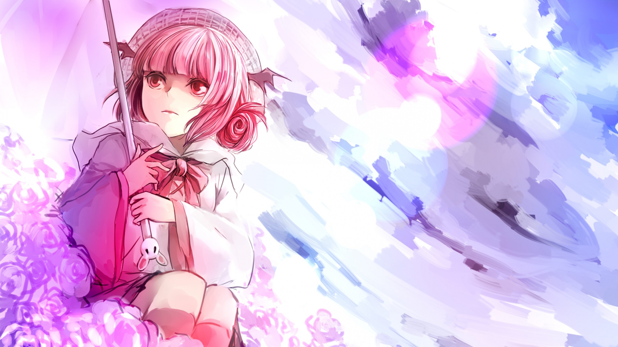 2560x1440  Wallpaper anime, girl, art, umbrella, flowers, pink